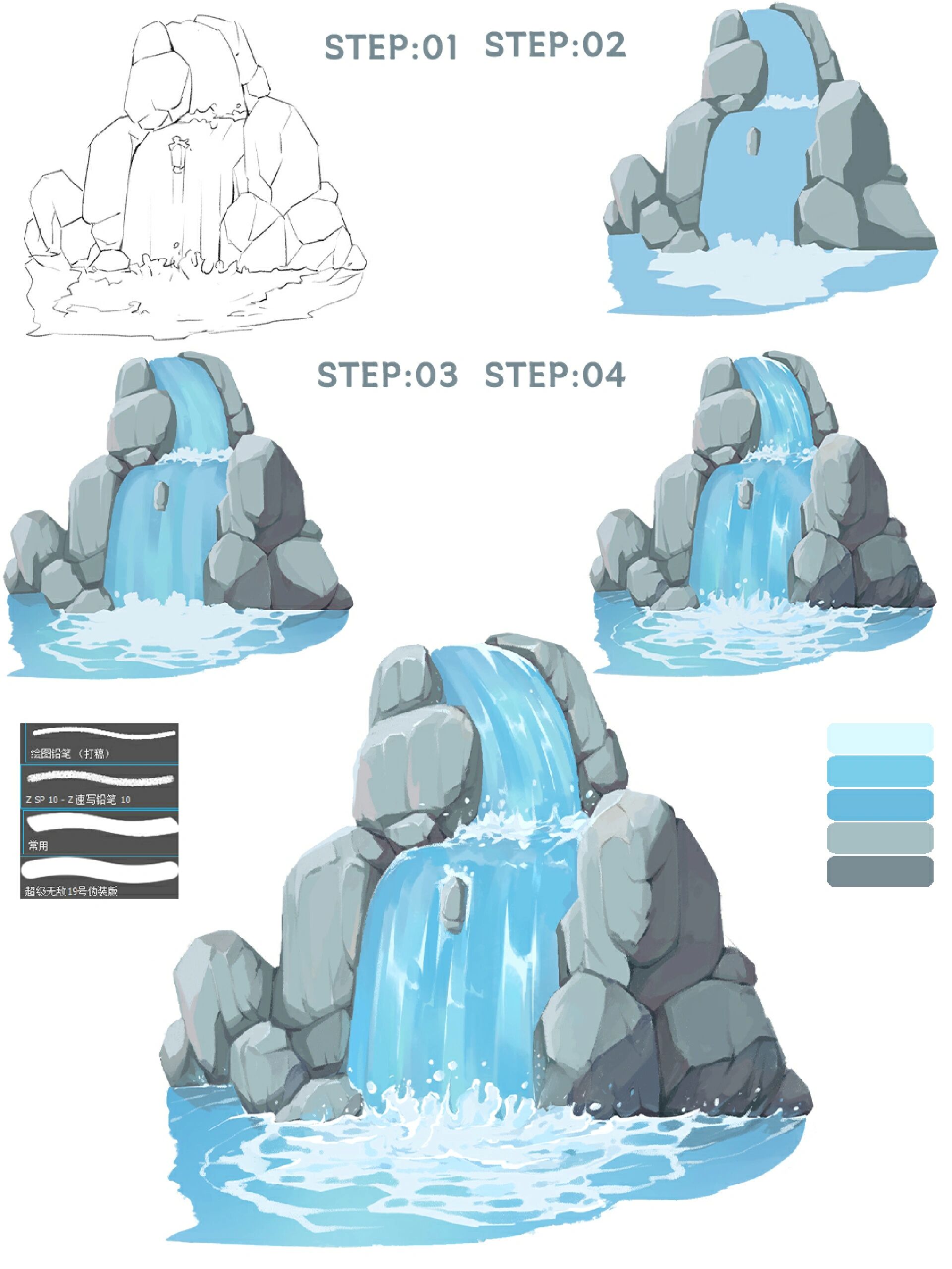 教你5步画瀑布|零基础学插画