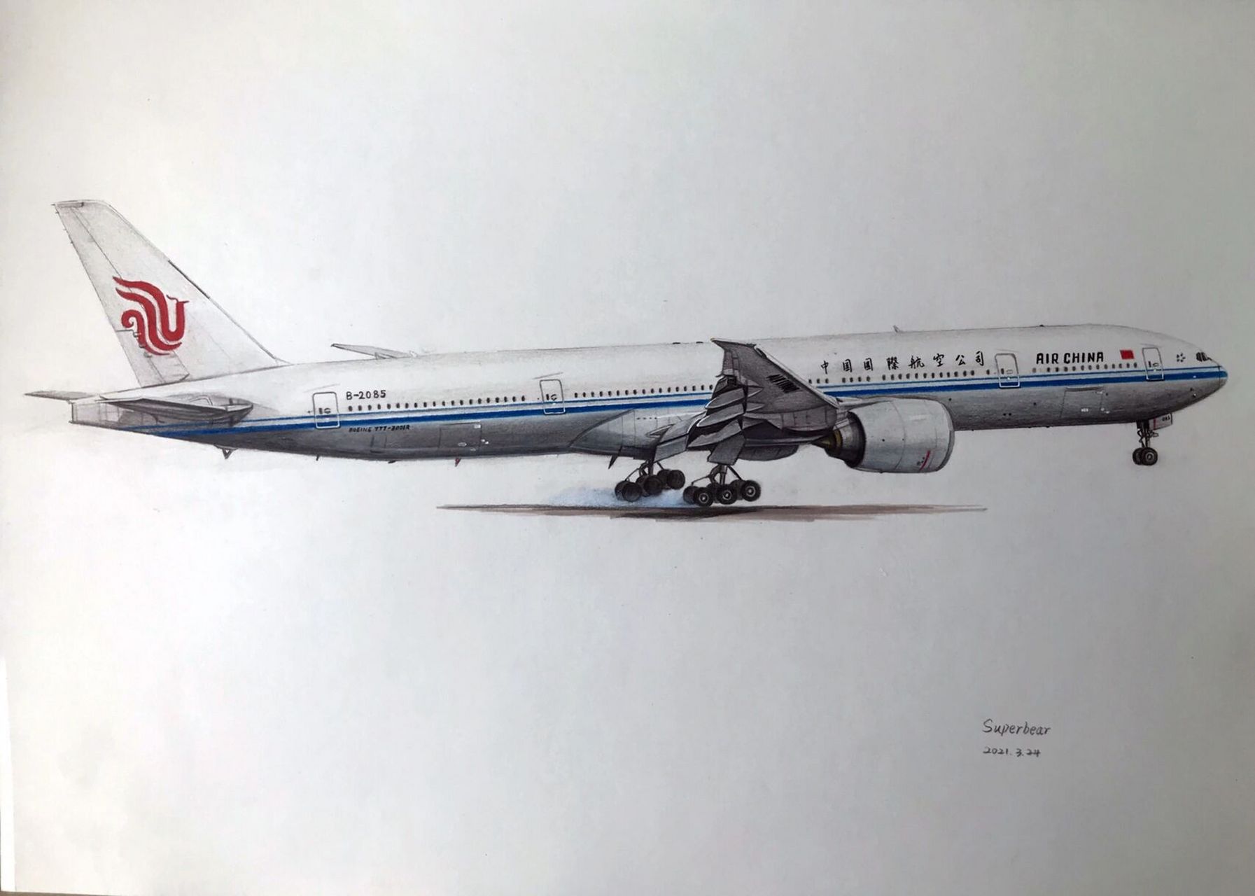 百年中国民航之手绘国航b777-300er 2011年7月19日,国航引进中国大陆