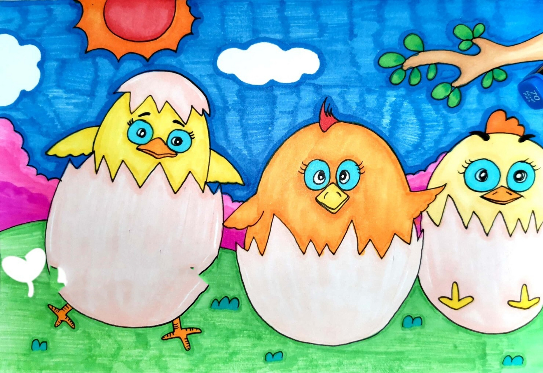 小鸡宝宝 鸡蛋壳 创意儿童画 简笔画 马克笔