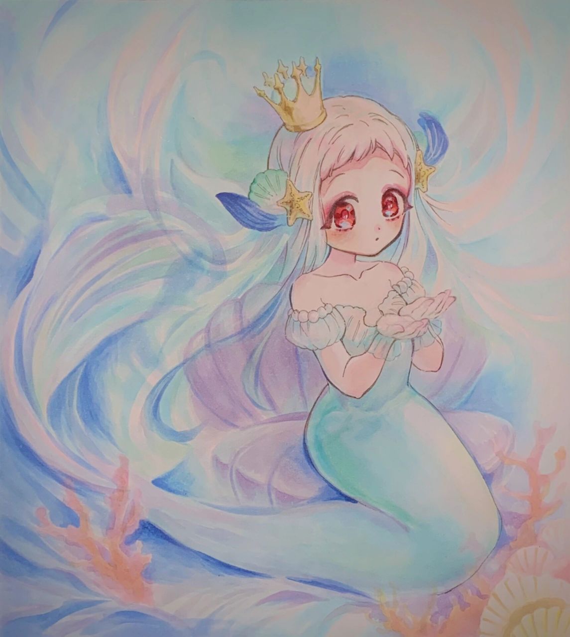 买的马克笔到了,摸一张人鱼姬宁宁            手绘没有撤回键逼死