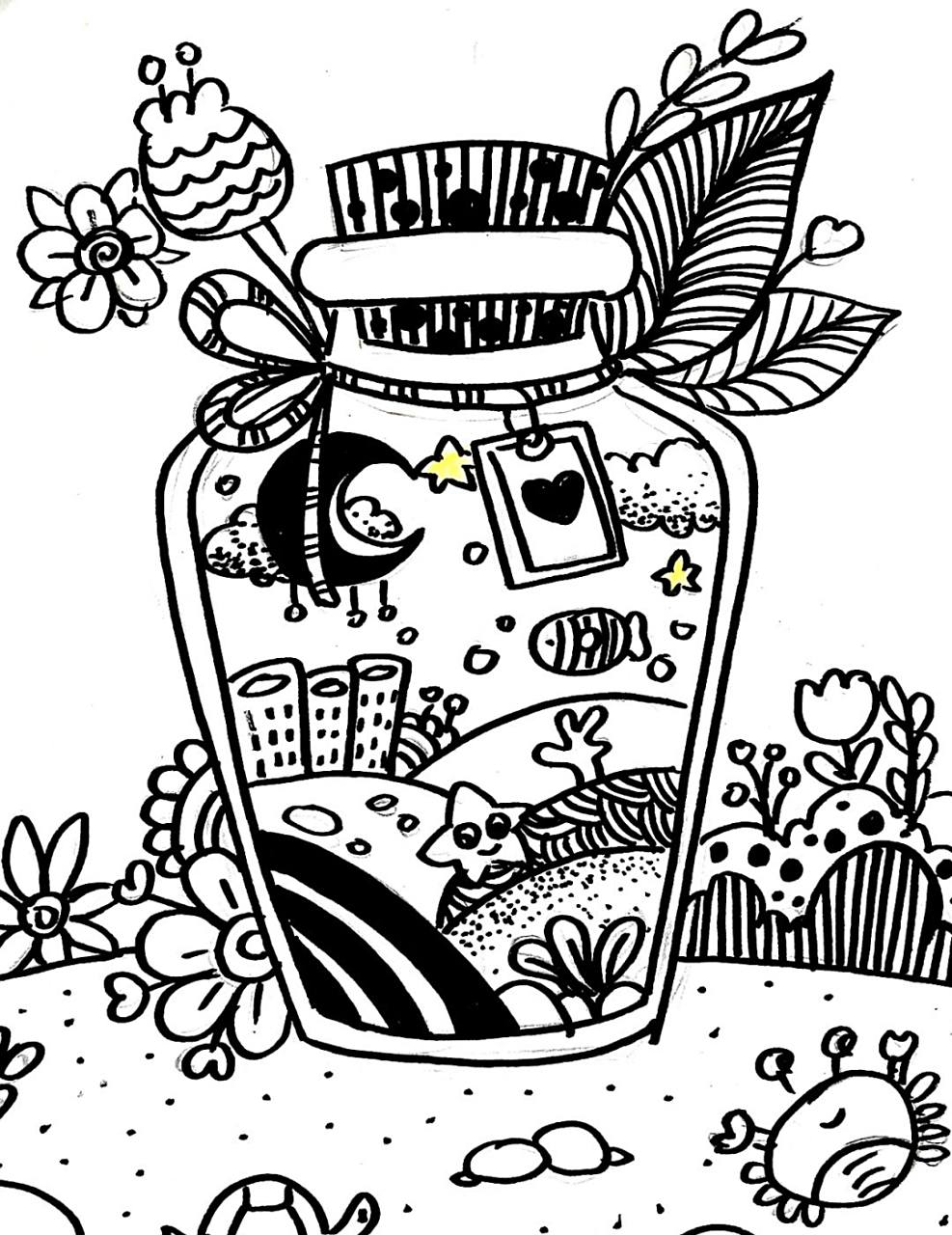 漂流瓶线描 #马克笔# #卡通画# #儿童画# #线描