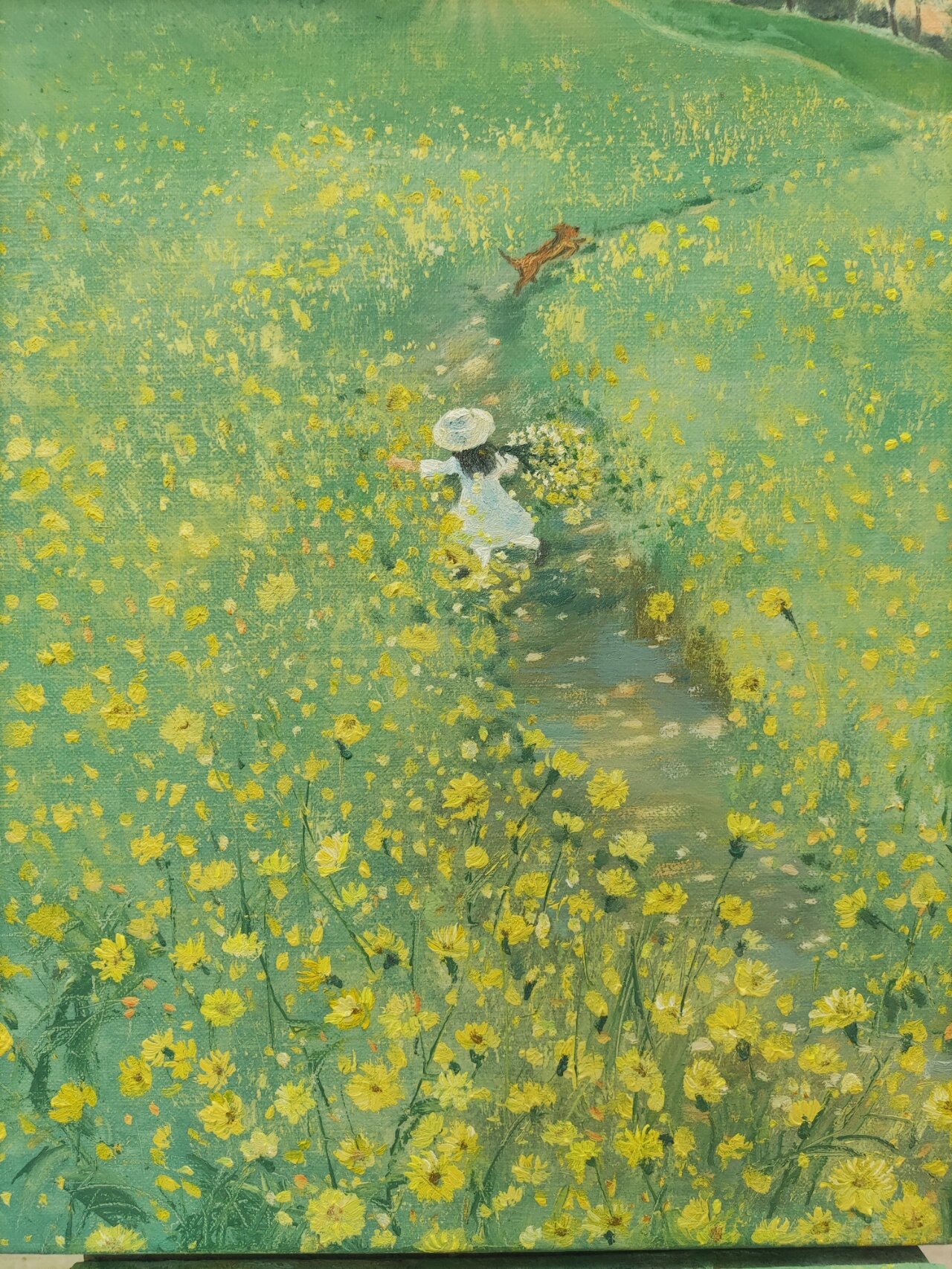 油画作品《时光•遍地野花》 有微风,有阳光,有花朵.