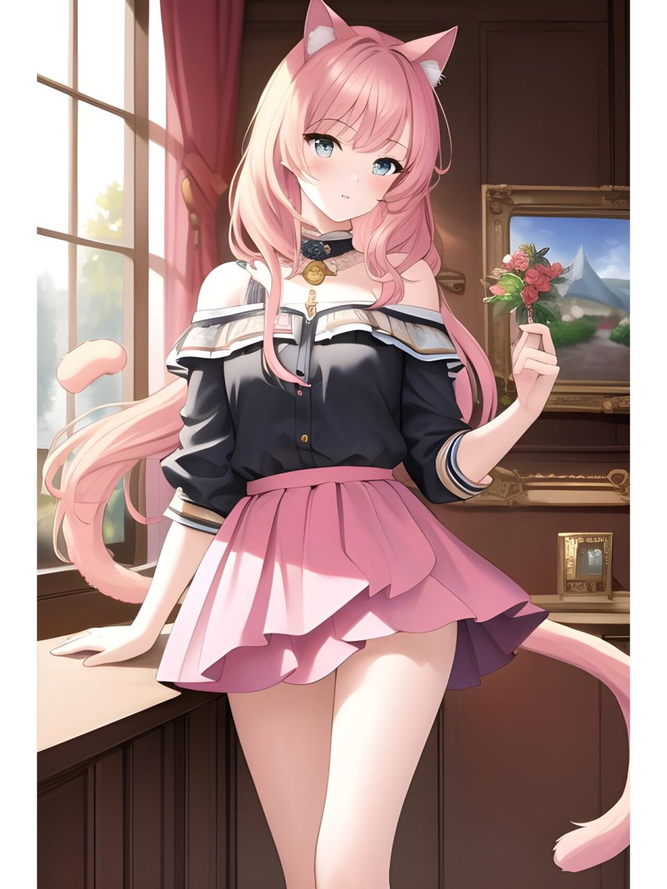 甜美可爱精灵耳猫尾女孩,动漫二次元绘画