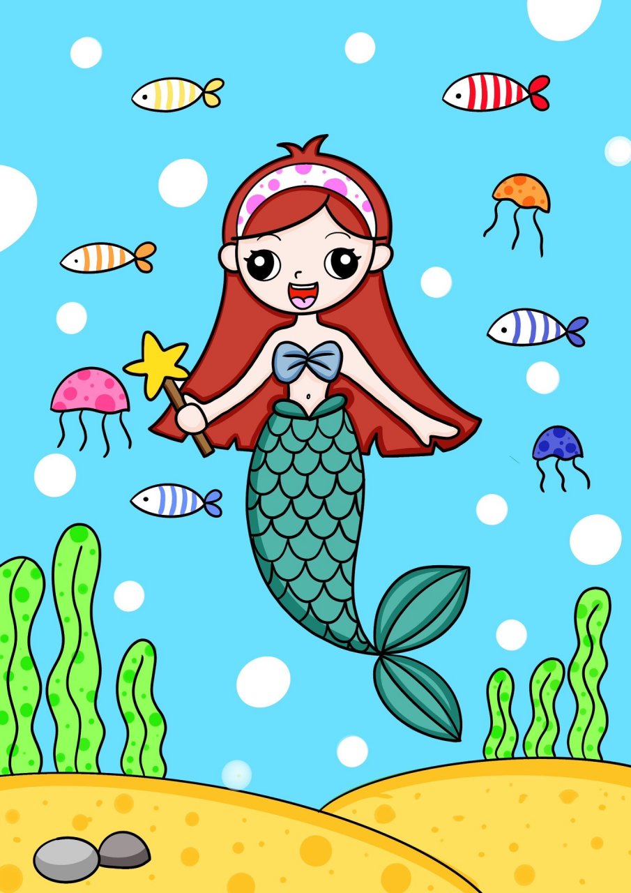 美人鱼儿童画 水母小鱼海底世界创意画 小美人鱼0469♀15儿童画