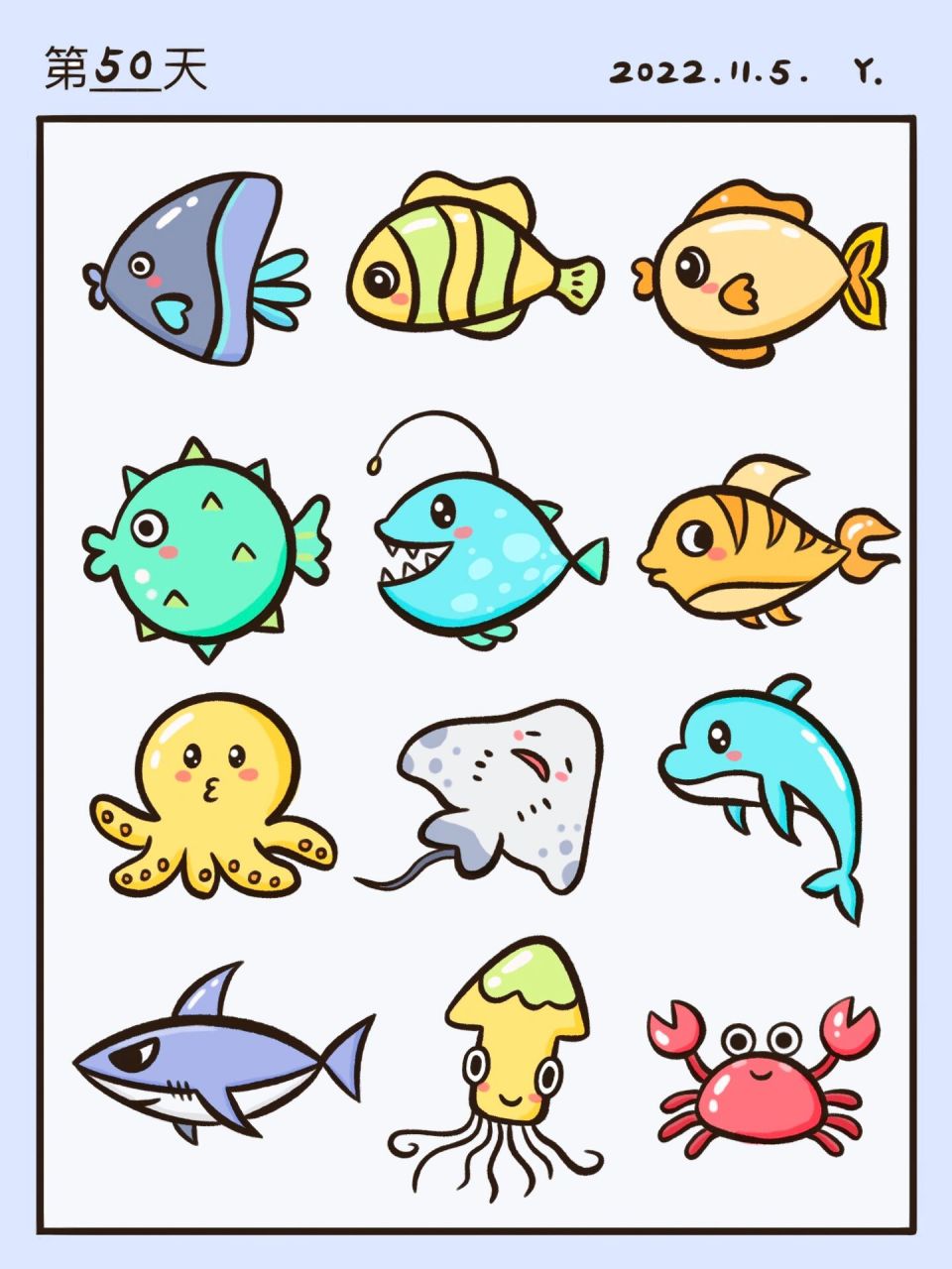 7315控笔打卡50天|海洋生物小鱼简笔画插画5               今天