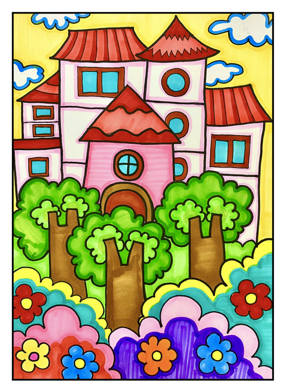 儿童画19 《别墅房子》适合6-8岁