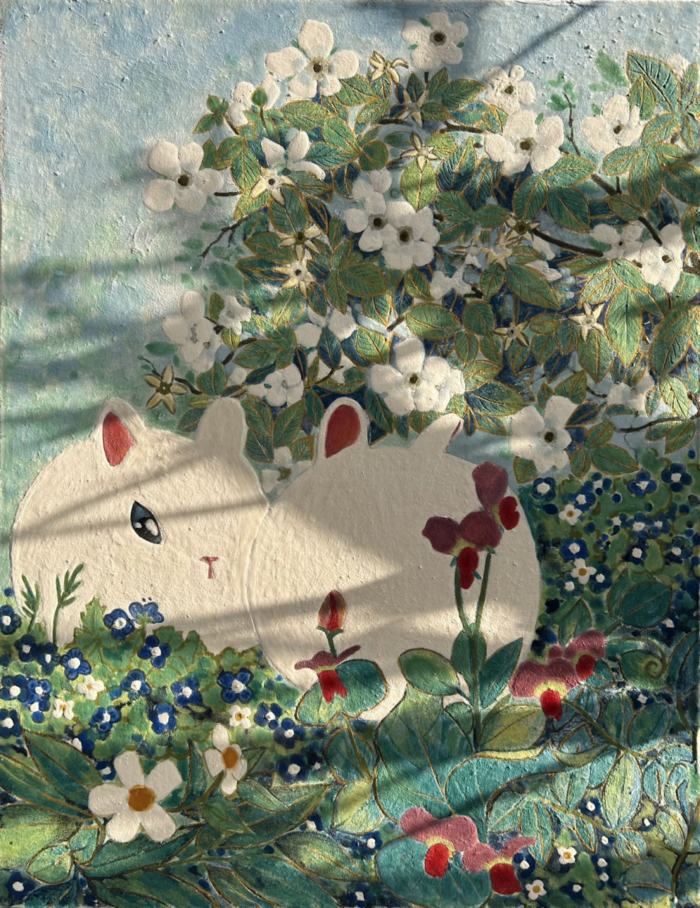 岩彩原创画———秘密花园兔(已申请版权) 喜欢画这样的小画,有一种