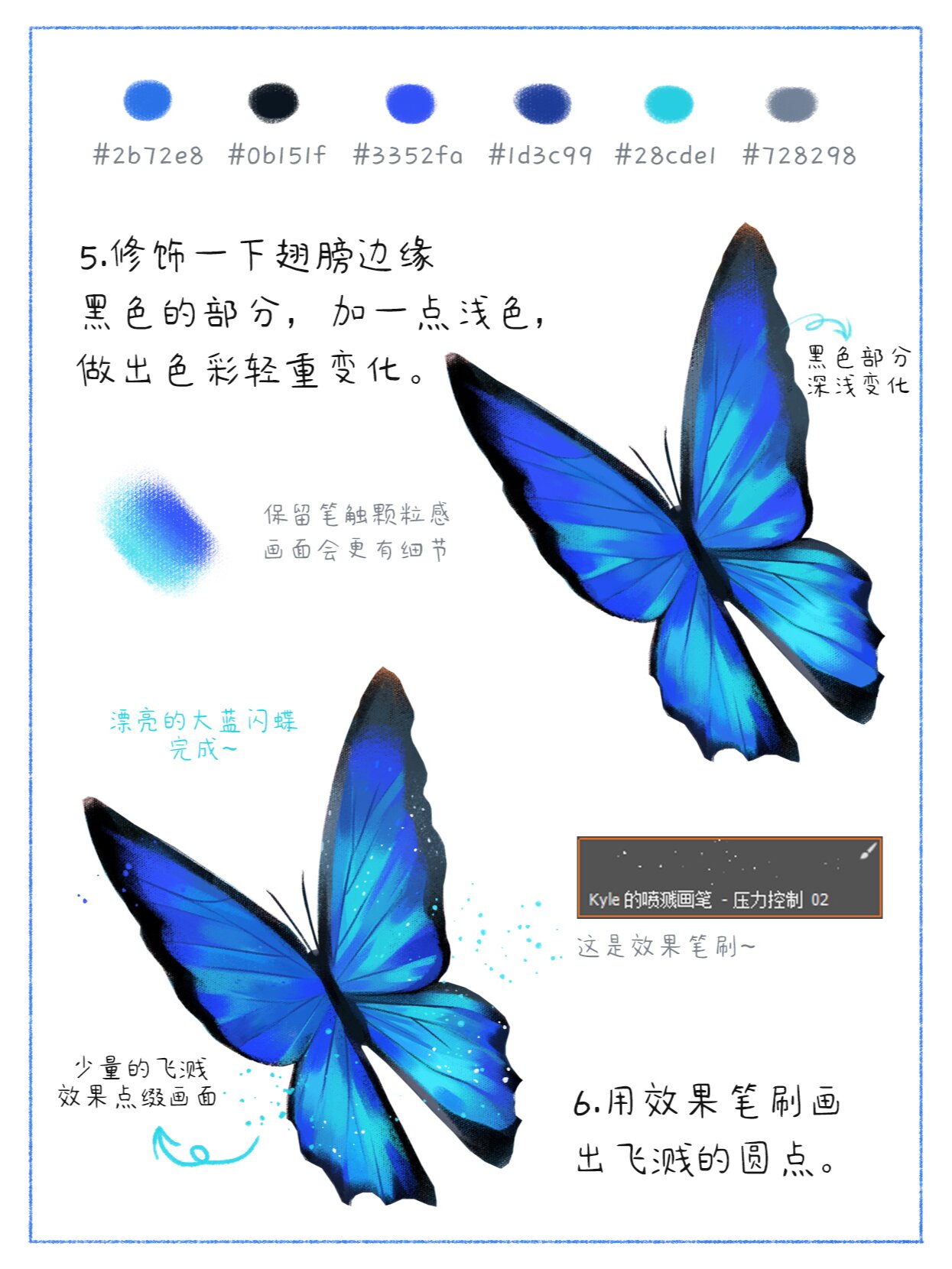 原创插画|大蓝闪蝶步骤教程 工具:ps 手绘板 笔刷:勾线/质感粉/效果