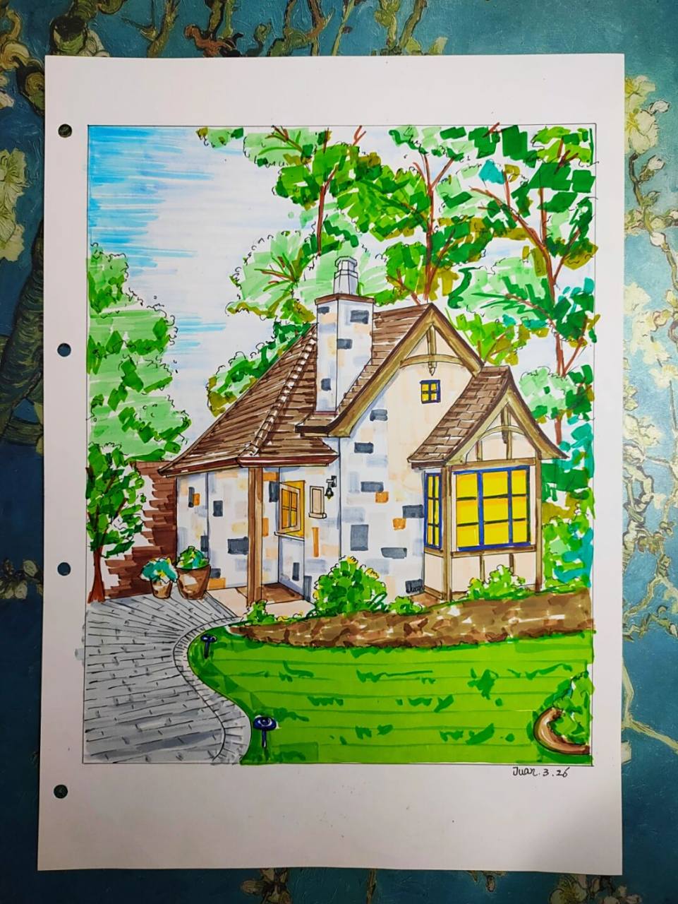 马克笔风景画(石雕小屋)上色 #马克笔画# #风景画# #马克笔风景画