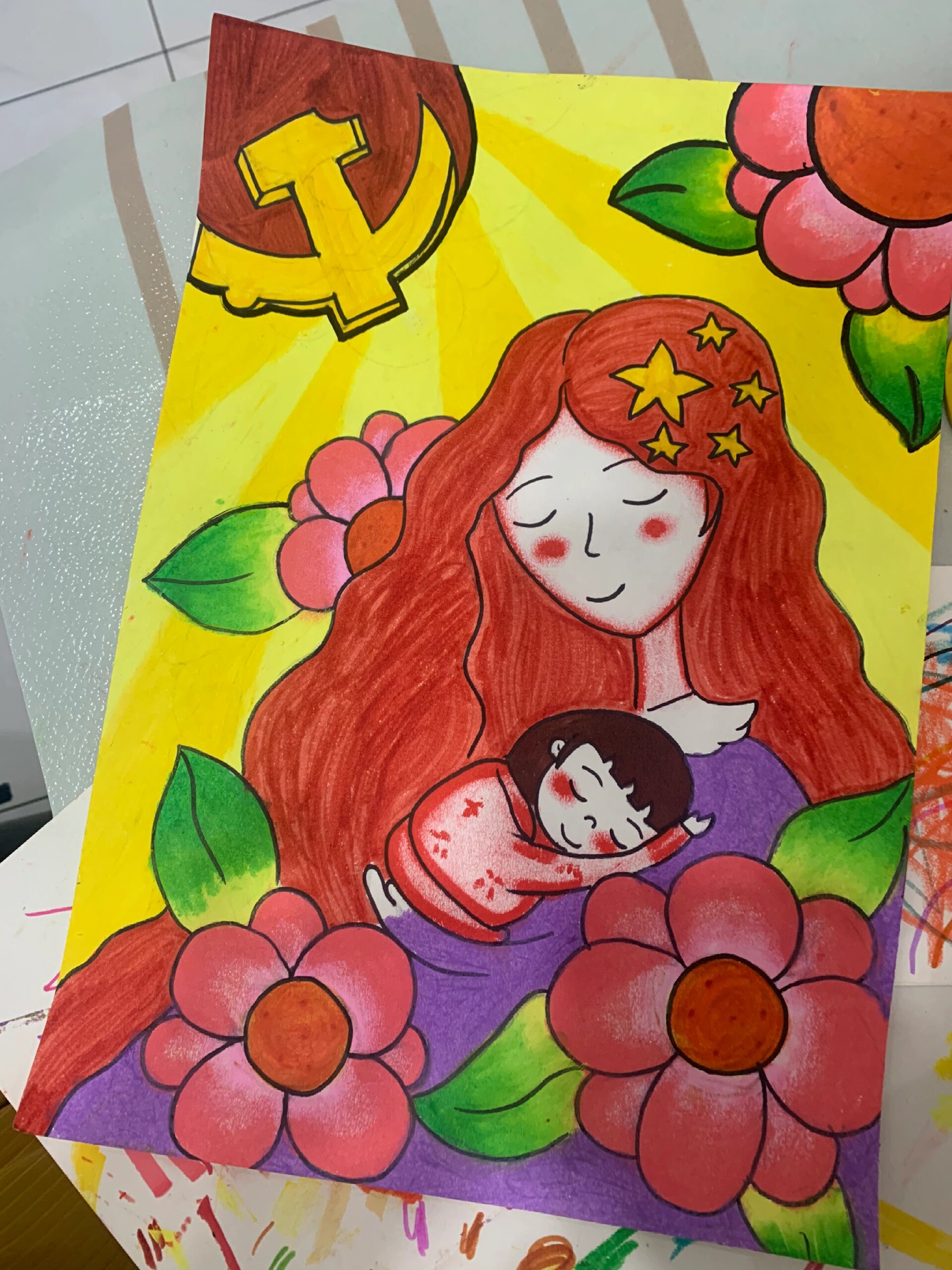 了个主题 以祖国为主, 颜色涂得不太好,大家可以用水粉图肯定会更漂亮