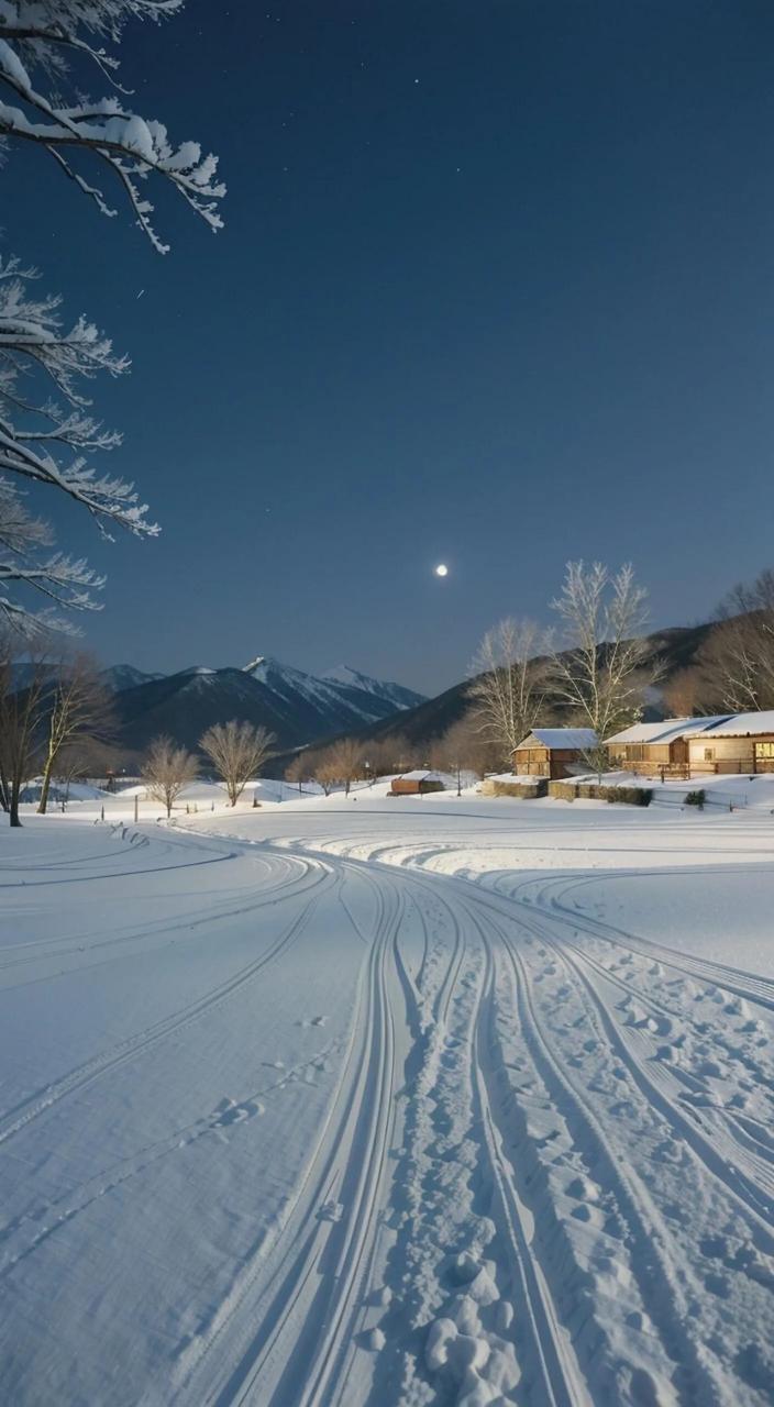 冬日月色照雪景 月色皎洁照寒冬,雪花飘落似仙境.