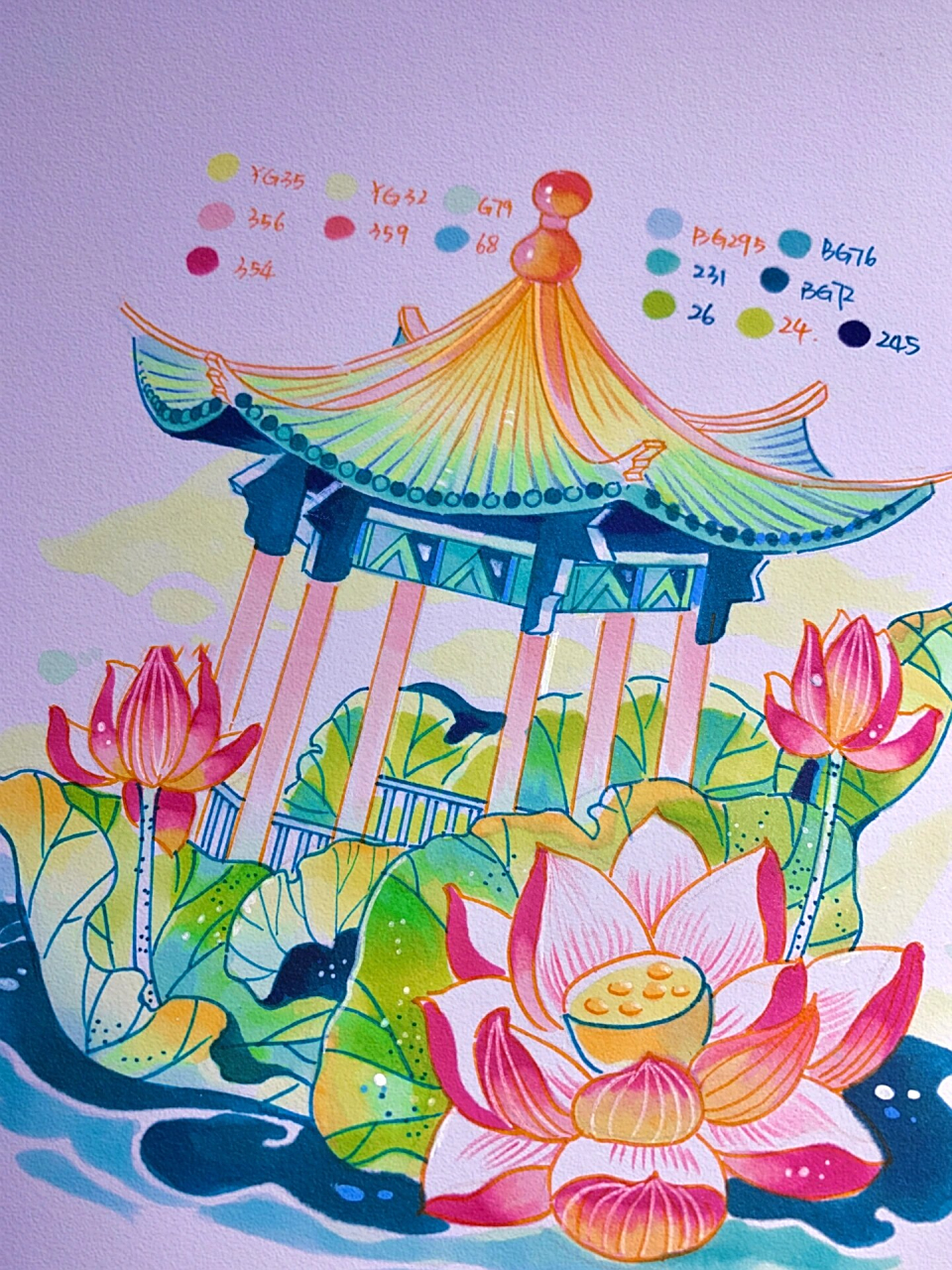 夏季主题马克笔必备元素～荷花荷叶77荷塘～ 图片上有特别详细的