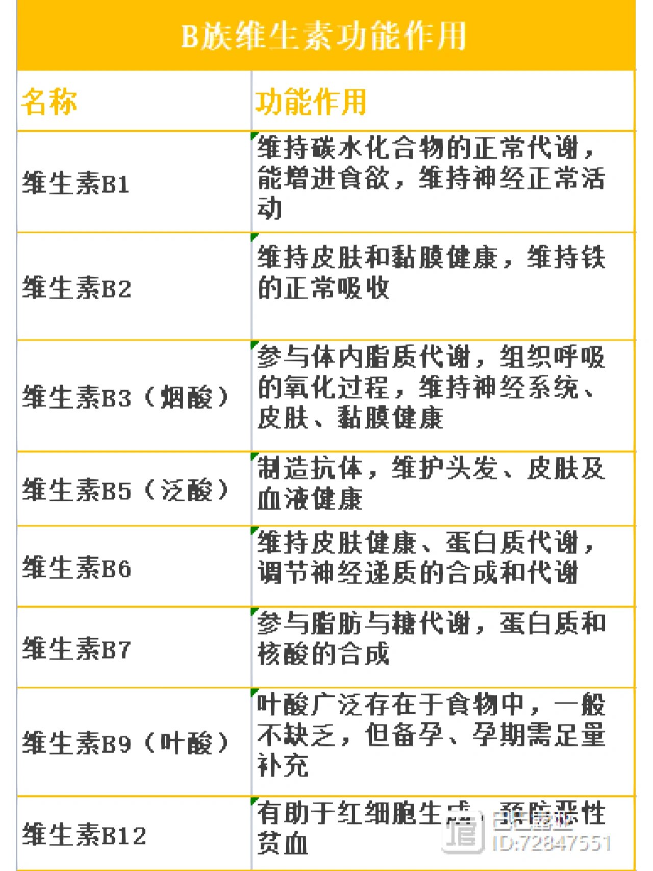 b族维生素功能与作用一览表