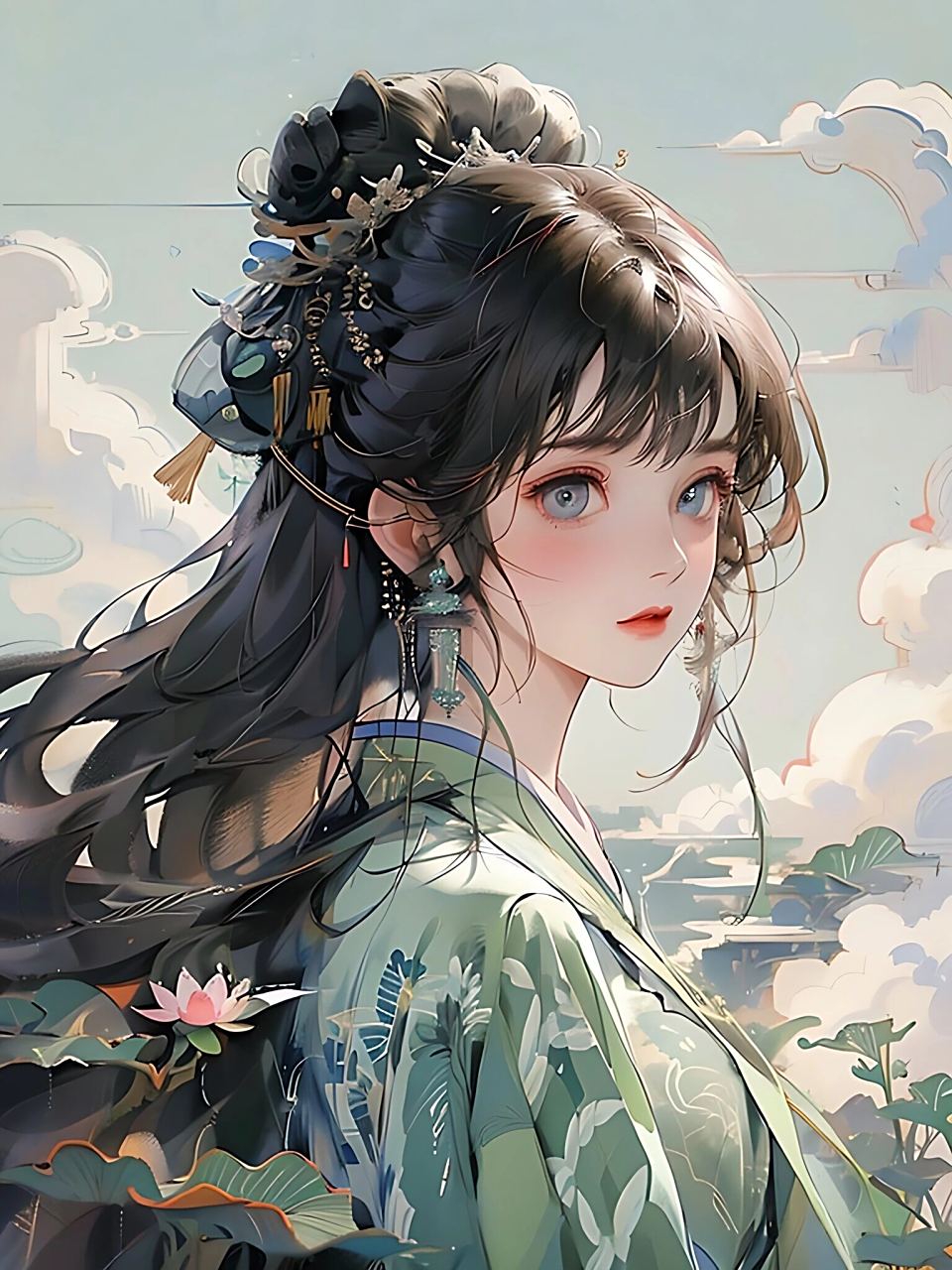 唯美画风的古装女子 prompt 杰作,古装美女,泼墨,国风,荷花般的美少女