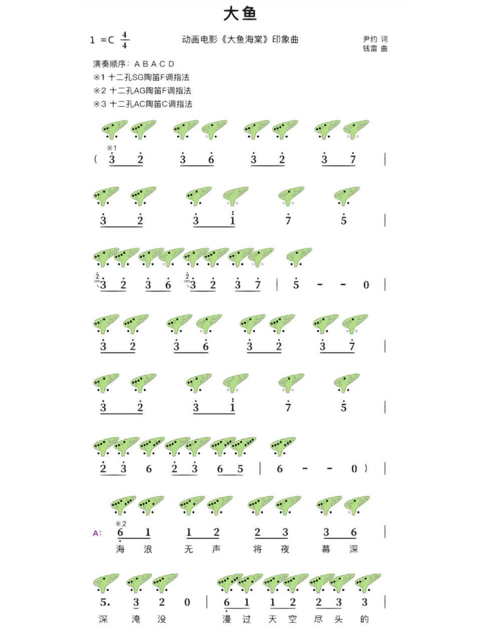 12孔陶笛曲谱大鱼图片