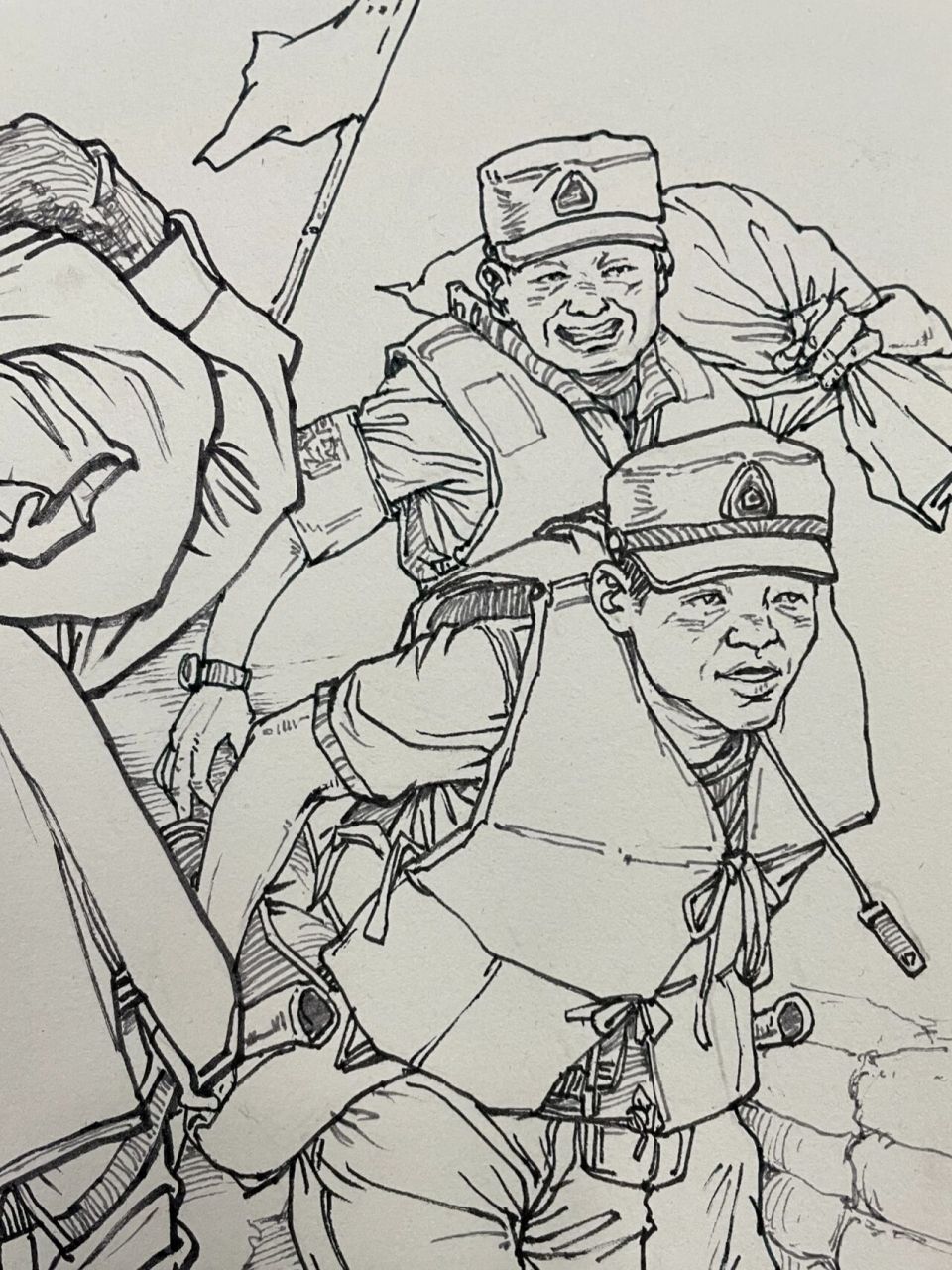抗洪抢险题材的多人场景速写 今年河南洪灾牵动了全国人民的心,我们也