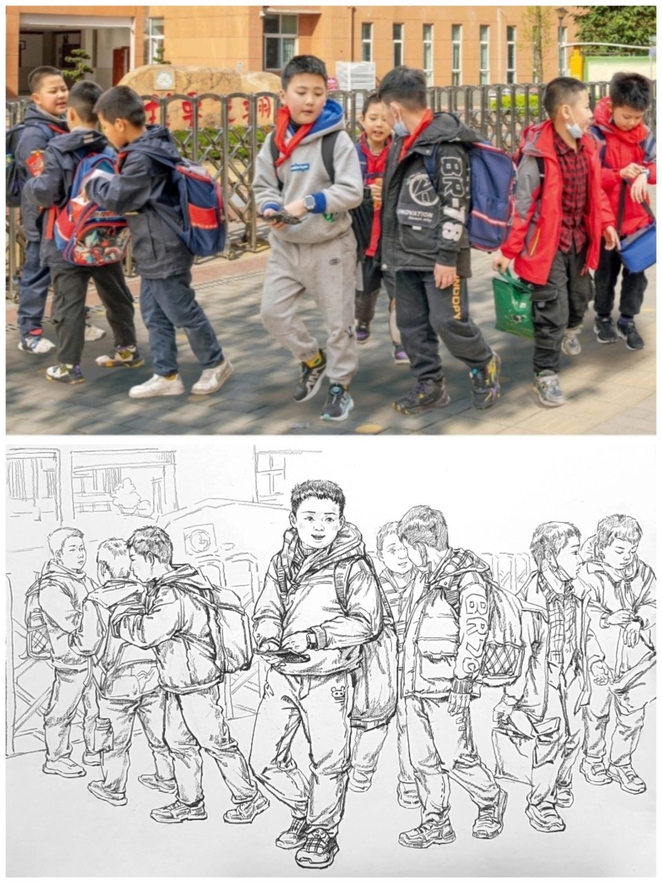 速写改革命题创作场景步骤 《放学路上》《校园门口》