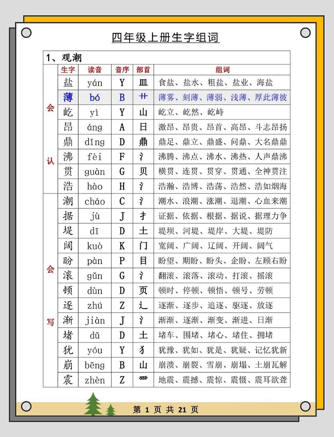 四年级上册语文全册生字组词