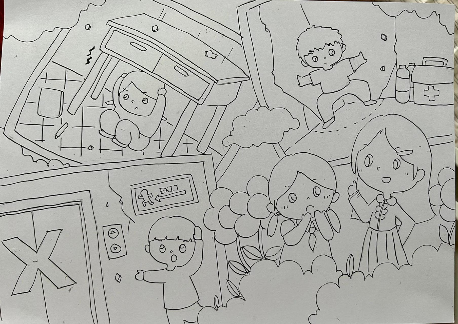 防震减灾 主题画 防震减灾 儿童画 马克笔 线稿在图② 画完有点后悔