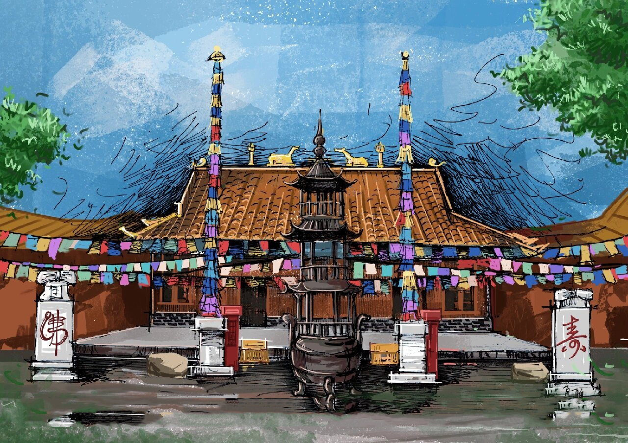 手绘内蒙古61呼和浩特大召寺 大召寺位于内蒙古呼和浩特玉泉区南部