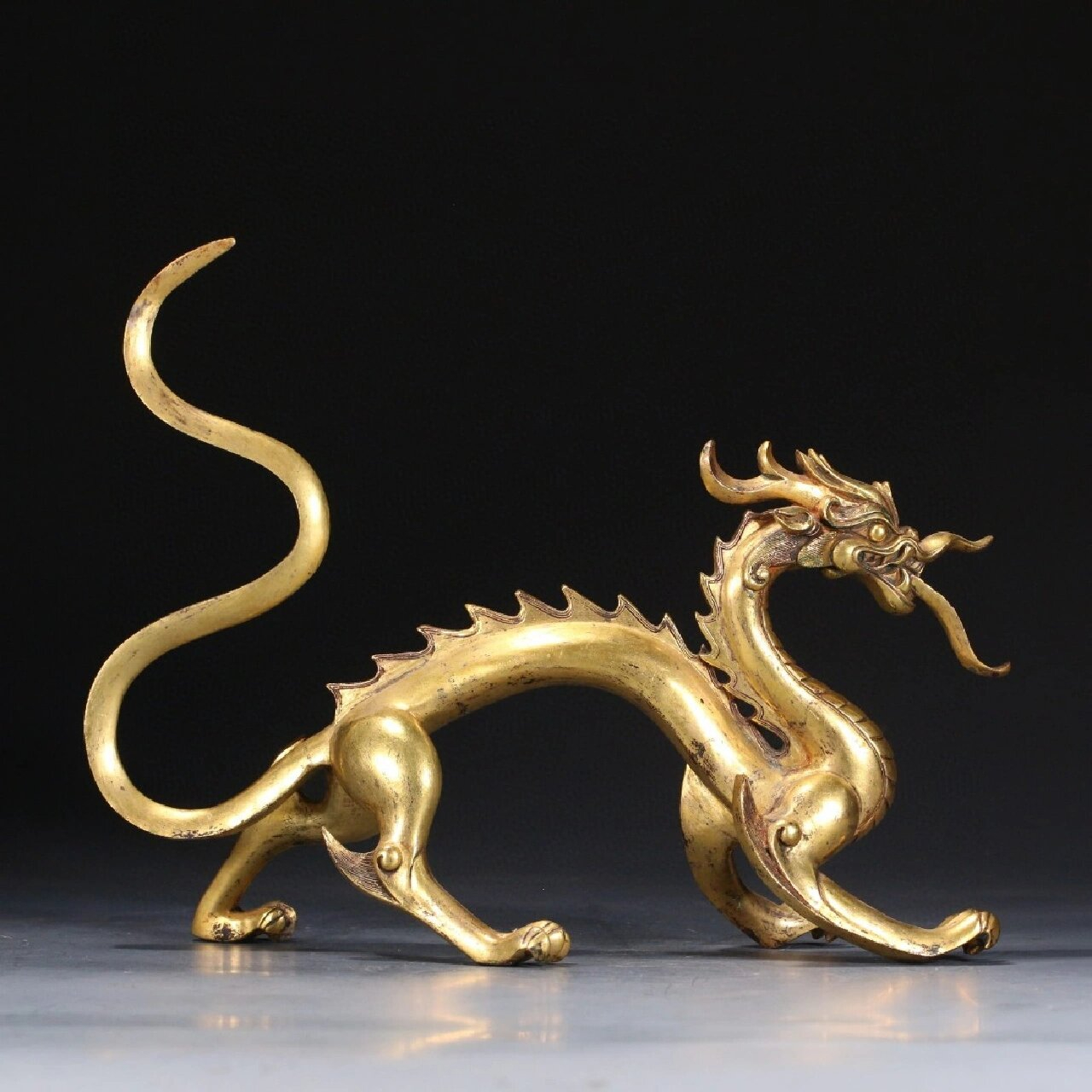铜鎏金龙摆件,中国龙,精铜铸造,实心,龙头威猛干练,大嘴微张,舌头吐出