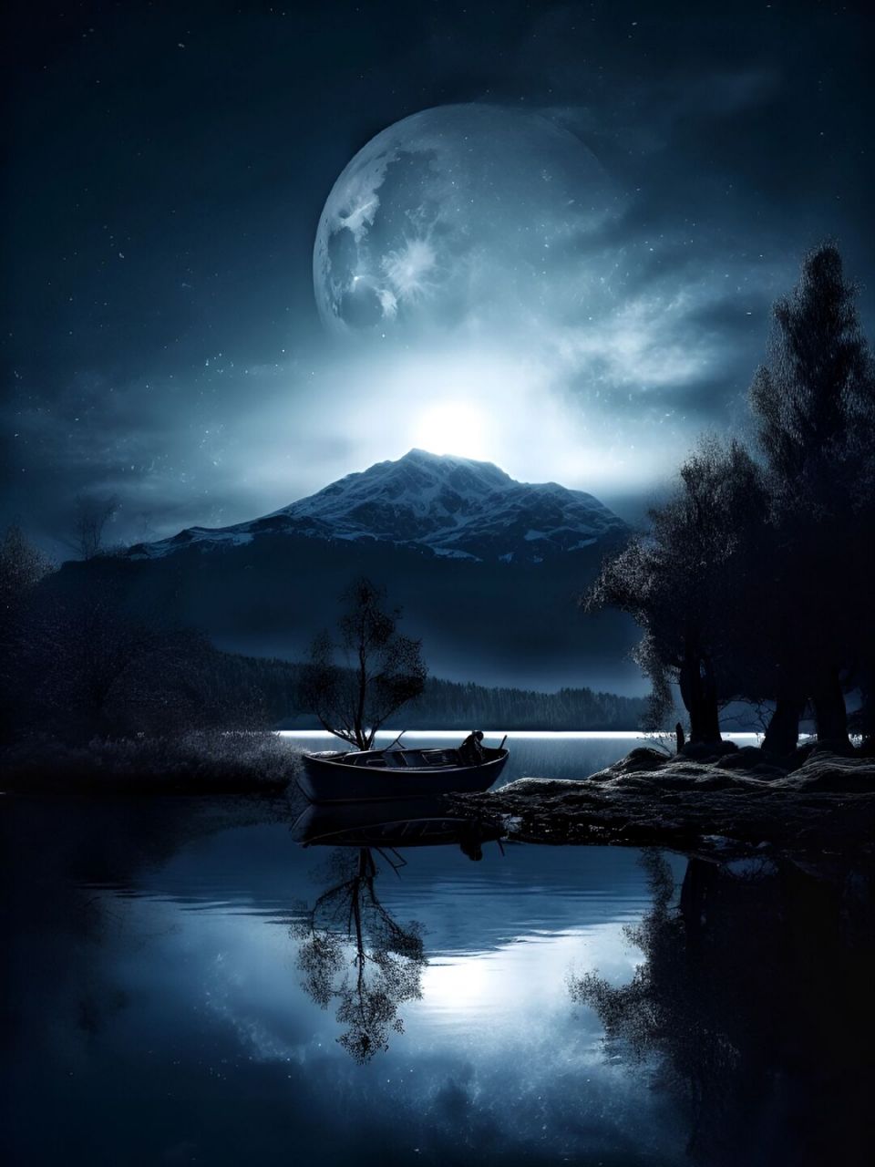 夜深了人静了,我只想好好享受这份宁静 湖畔夜色,月光洒落在水面上