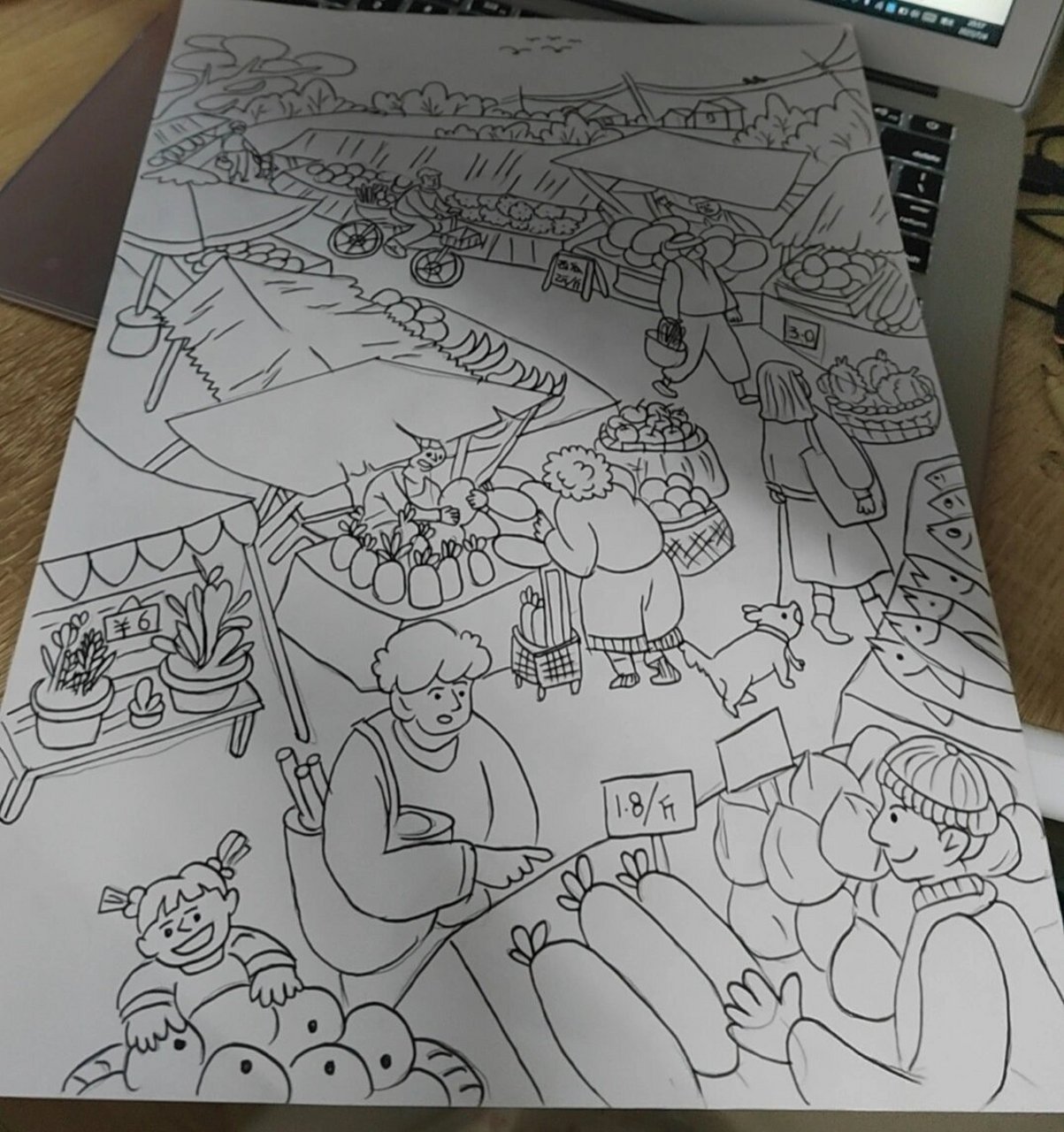 马克笔集市绘画 #集市简笔画##马克笔绘画# #菜市场