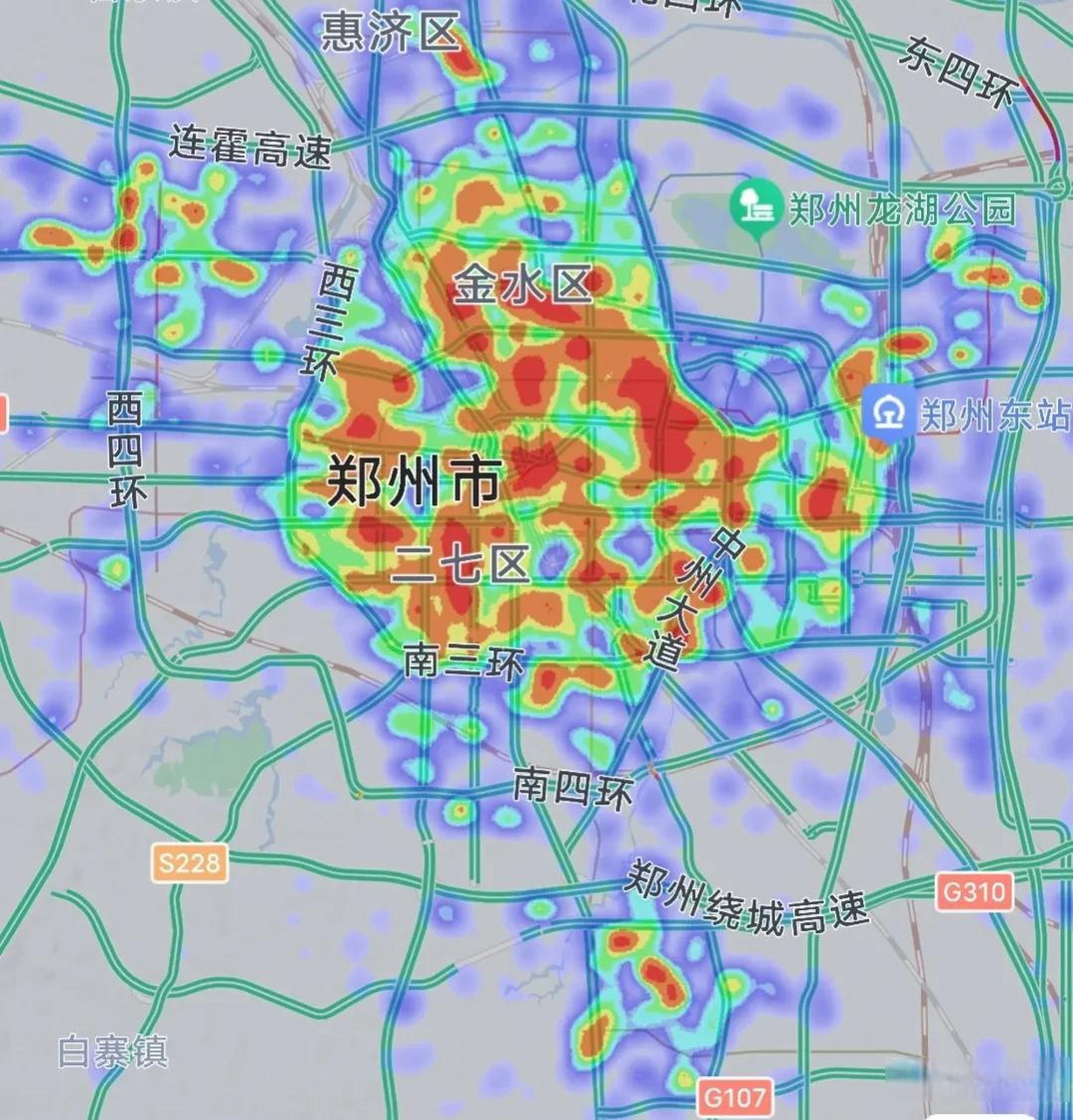 重点看一下郑州午夜12:00点整热力图,我们今天看一下高新区和南龙湖.