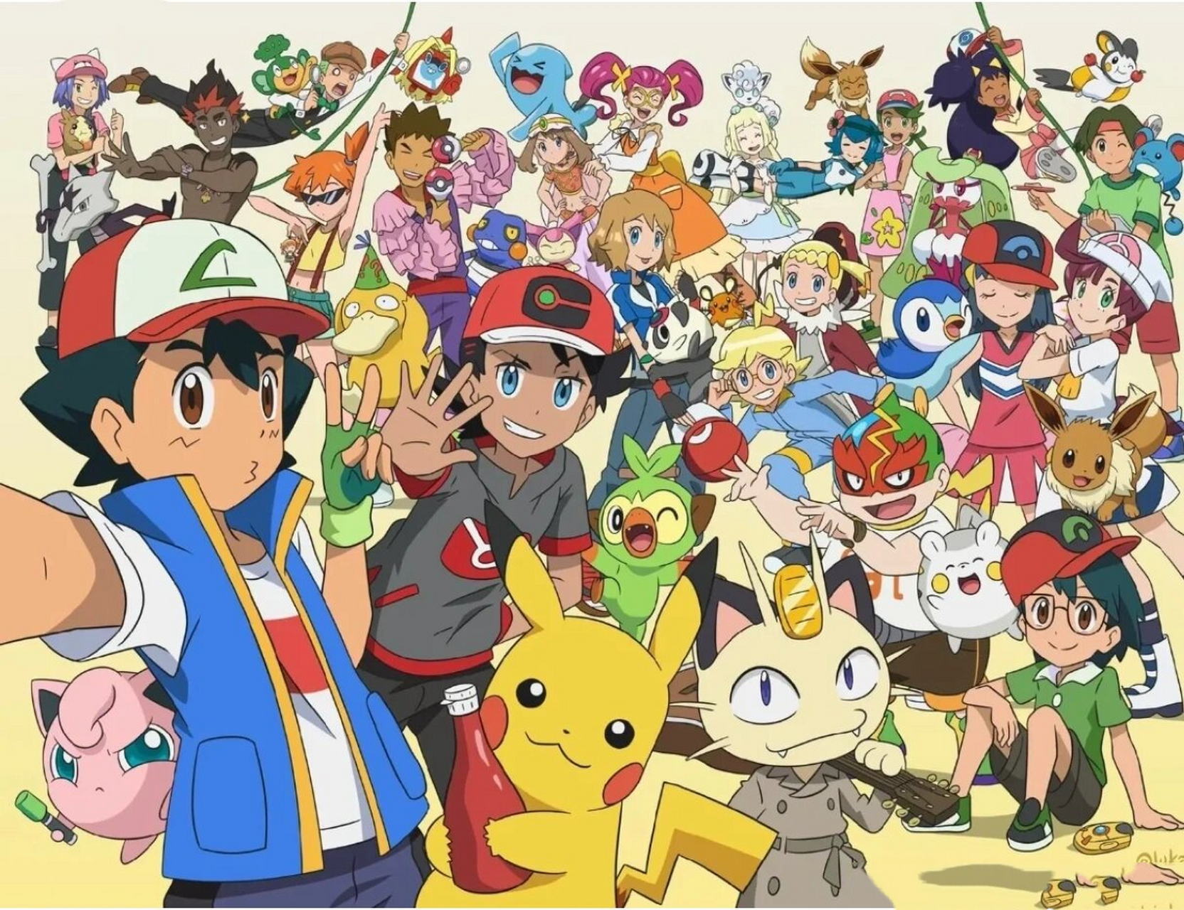 精灵宝可梦中的所有主角合照(也不是很全) 还差博士和智妈.