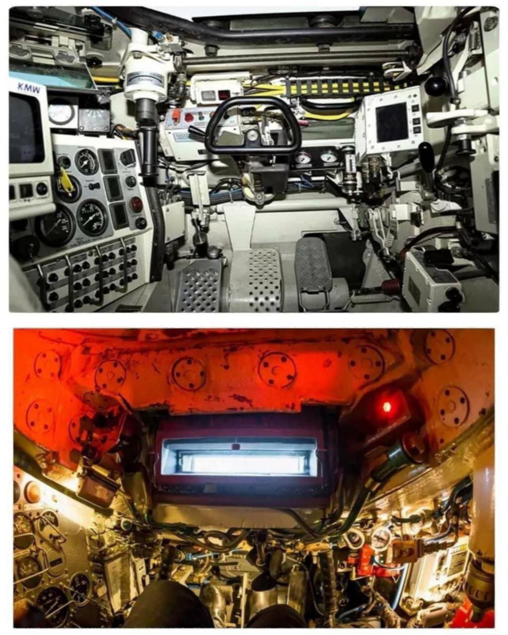 上图是德国豹2坦克内部,下图是大鹅t72坦克内部.