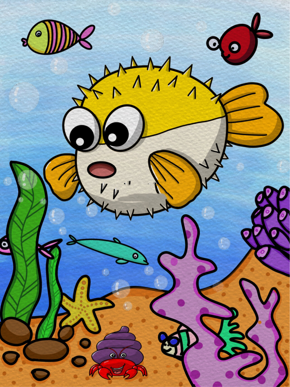 可爱的小刺豚 河豚 创意儿童画 海底世界 为一,二年级(6-7岁)的孩子们