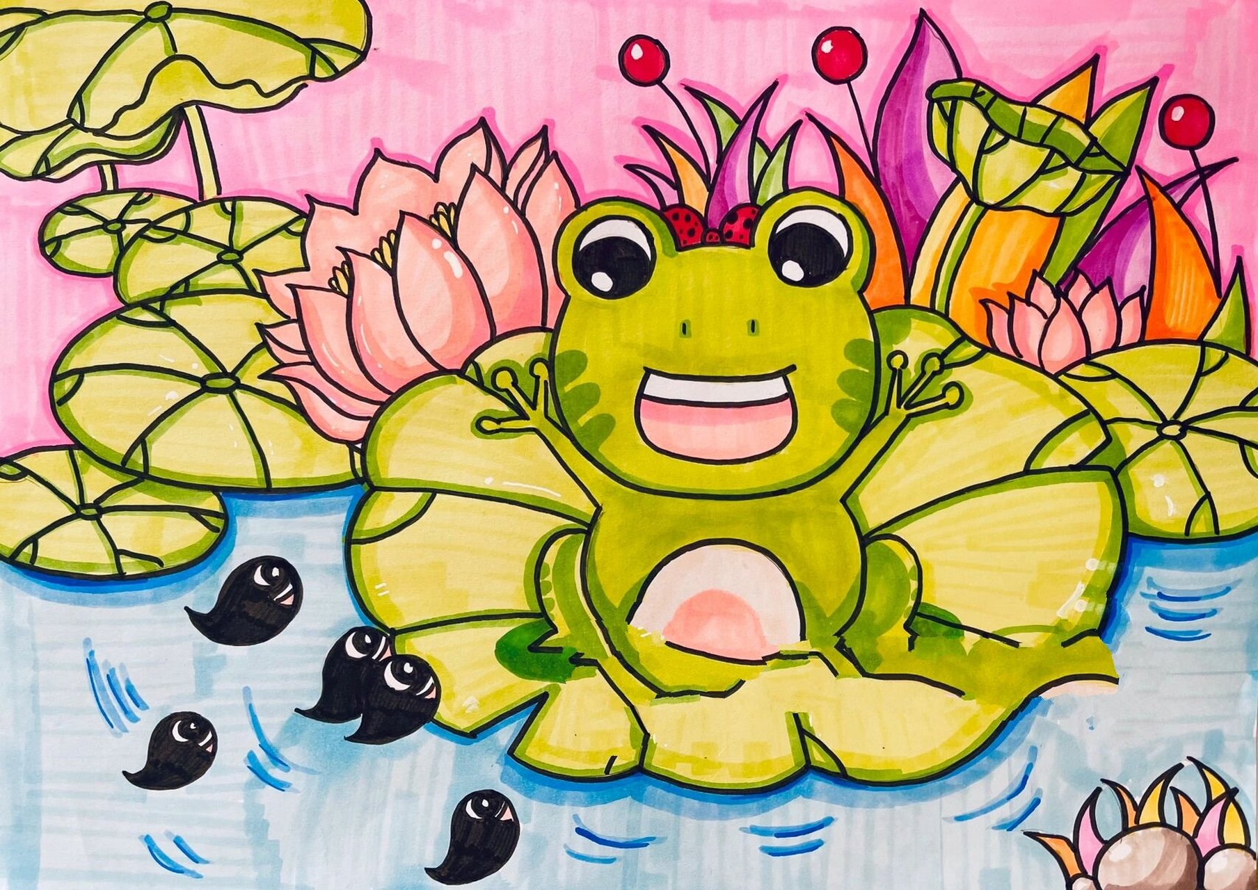 儿童创意画——荷叶上的小青蛙