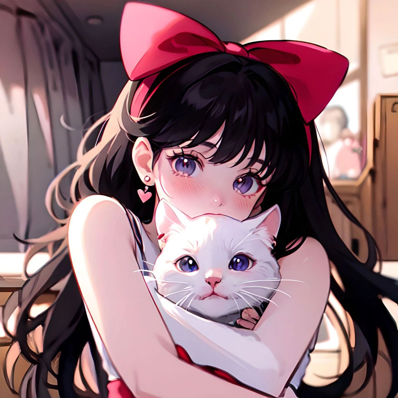 旧漫女头|长发蝴蝶结抱猫甜妹头像 这组旧漫长发蝴蝶结抱猫甜妹头像真