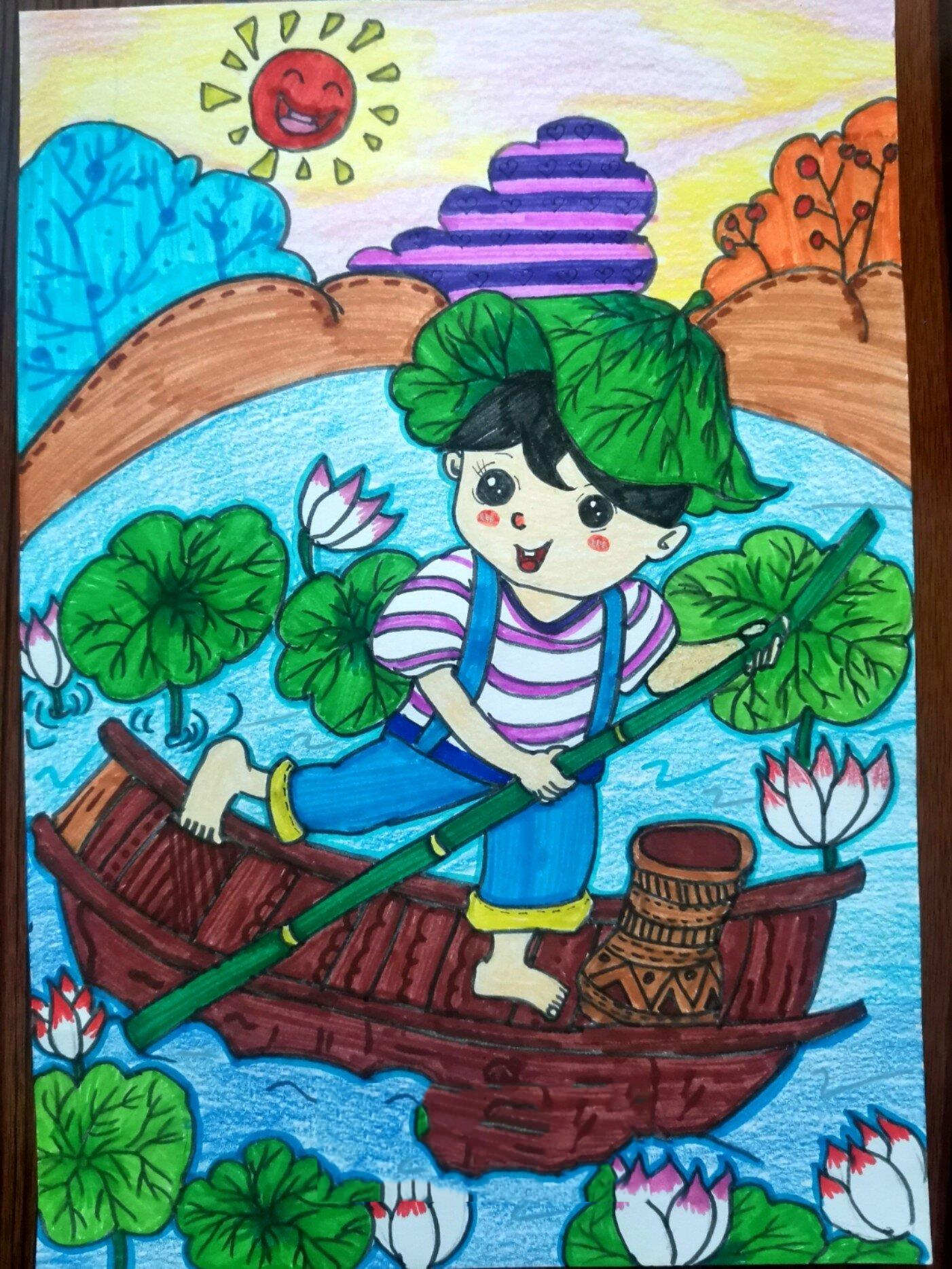 儿童创意彩笔风景人物画《采莲》