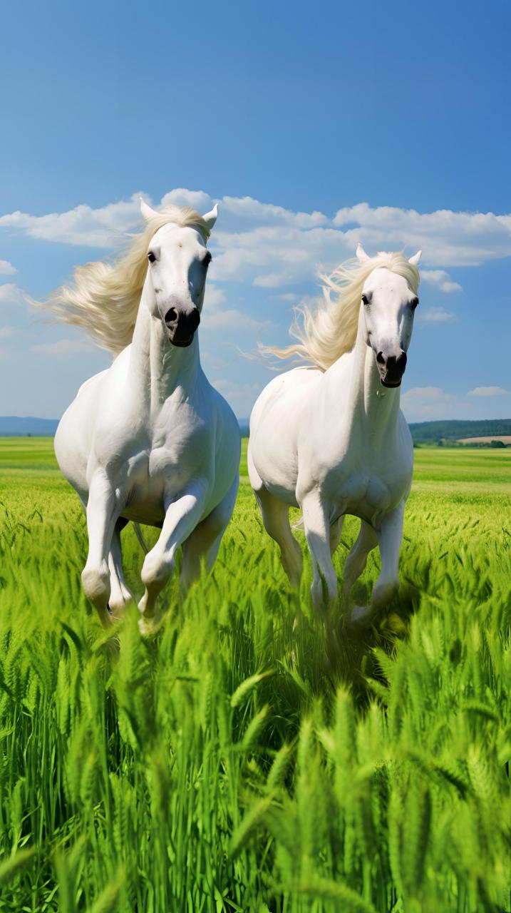 两匹白色的骏马奔驰在的草原上,四蹄翻腾,长鬃飞扬美的姿势宛若历尽