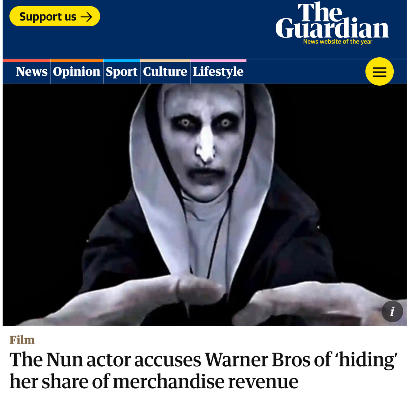 "#招魂#"宇宙修女饰演者邦妮·阿伦斯状告华纳,表示华纳隐瞒了各种以