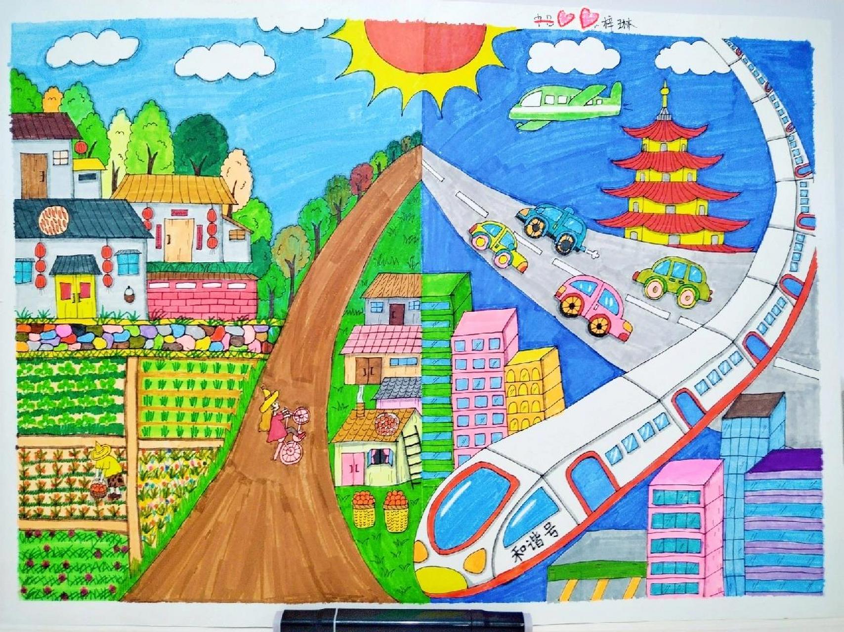 幼儿园绘画作业《家乡的变化》 美丽的家乡 左边,农田菜地矮房子小路