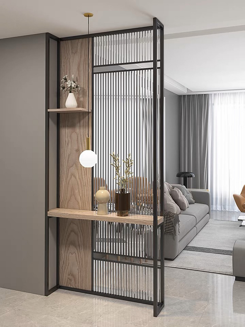 进门见客厅,屏风既是隔断也是空间中的风景 进门见客厅,进门见厨房