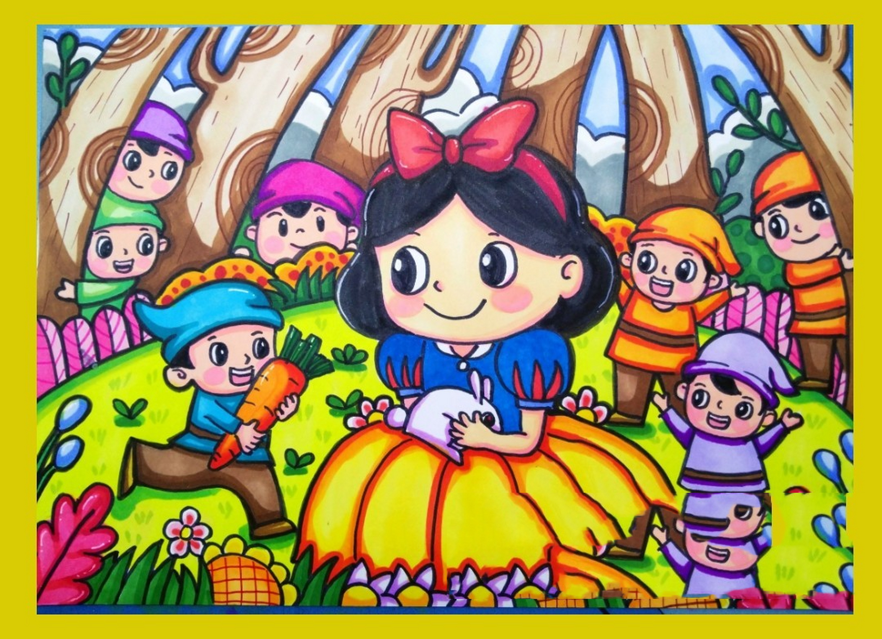 马克笔儿童画《白雪公主和七个小矮人》 临摹丹尼索作品