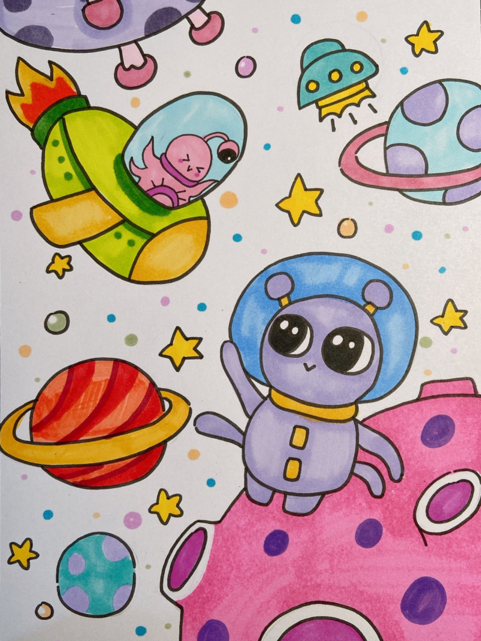 外星人飞船儿童画儿创简笔画宇宙星球马克笔 美术宝 飞去外太空 课效