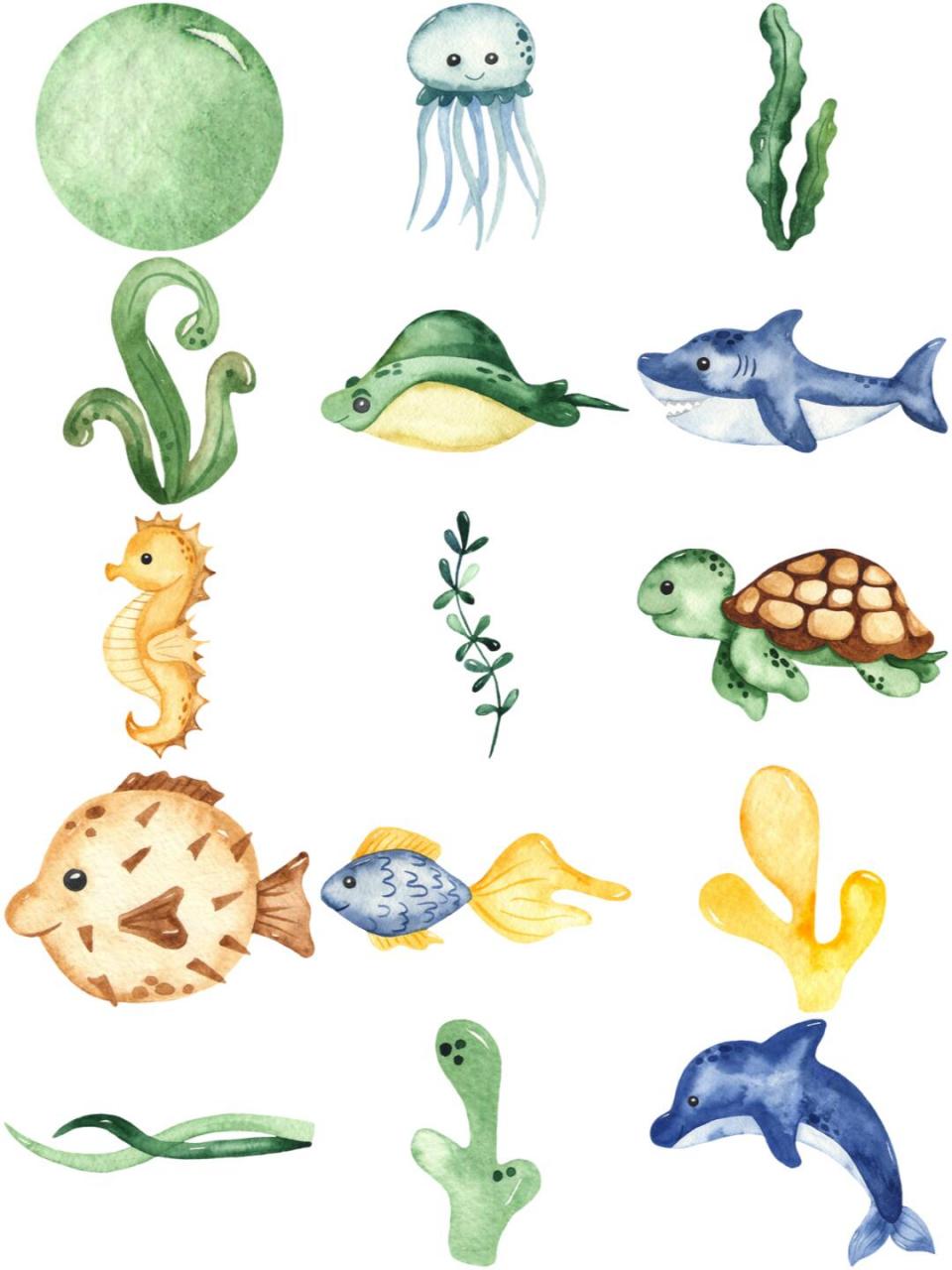 时尚水彩可爱清新卡通手绘水墨风格海底海洋鱼类海藻插画背景底纹