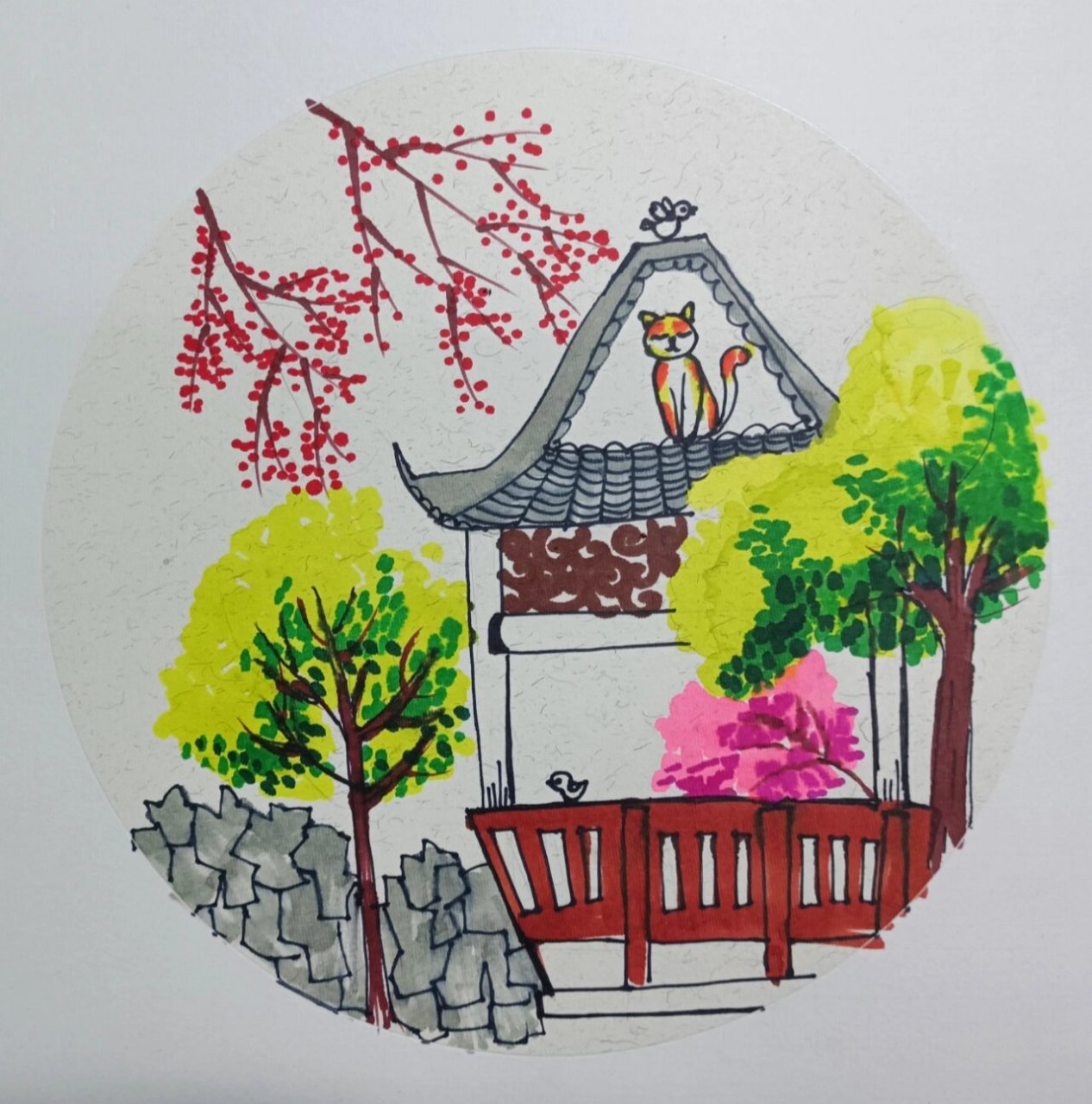 户外写生儿童画《凉亭》