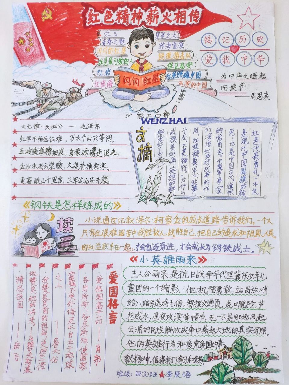 阅读红色书籍手抄报 四年级孩子画的国庆大队部布置的实践作业