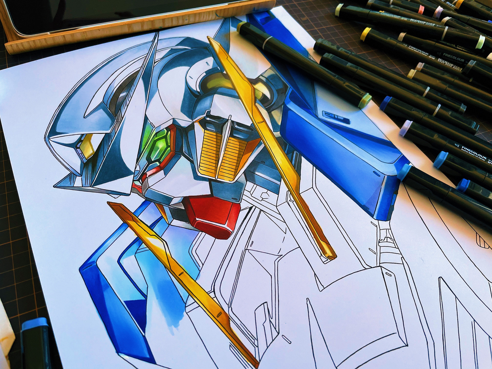 98 马克笔手绘高达00 尺寸a3 用的蘸水笔 法卡勒三代 这张画完效果