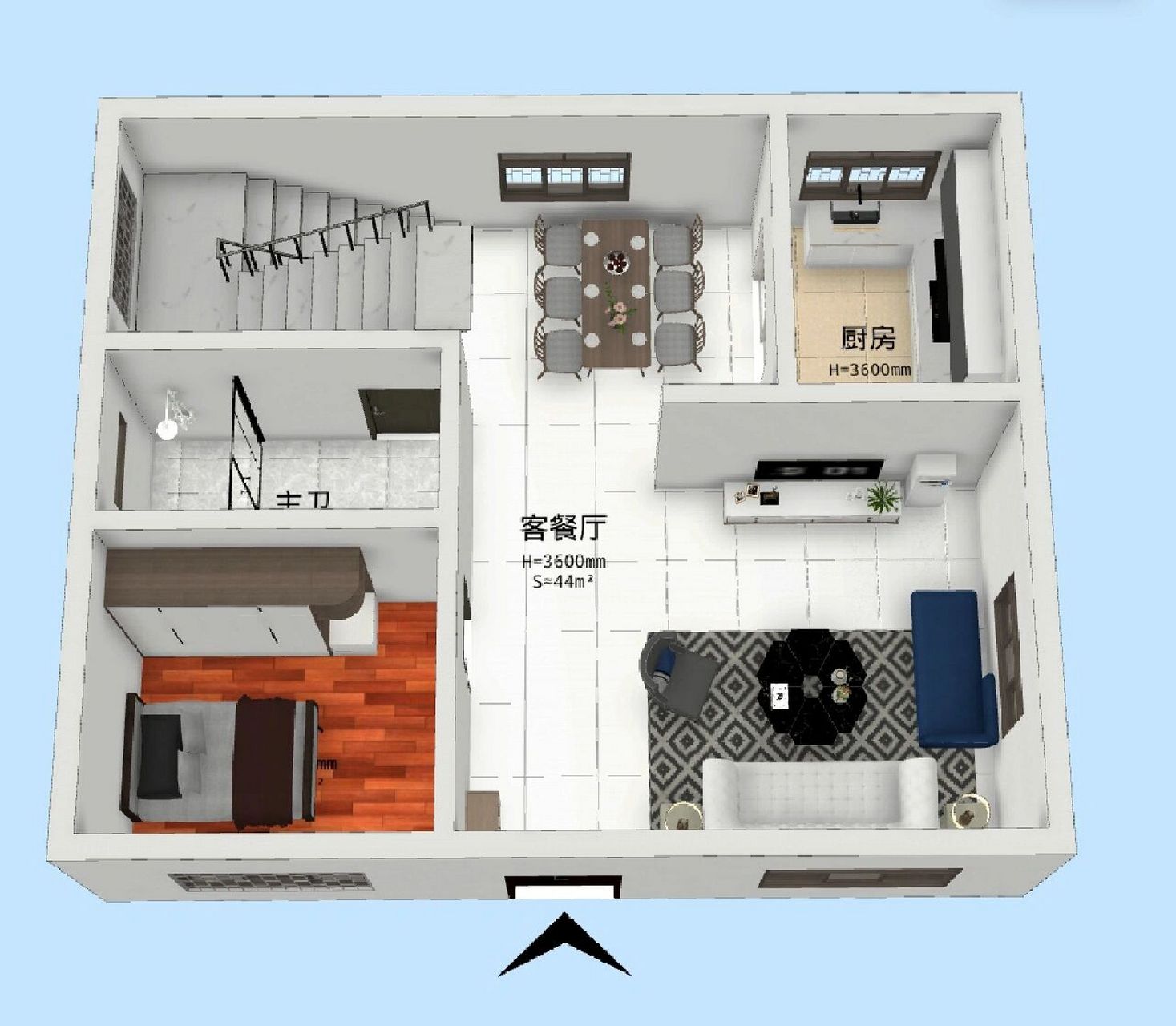 3d平面图～80平两层半农村自建房图纸(三) 进深8米,开间10米.