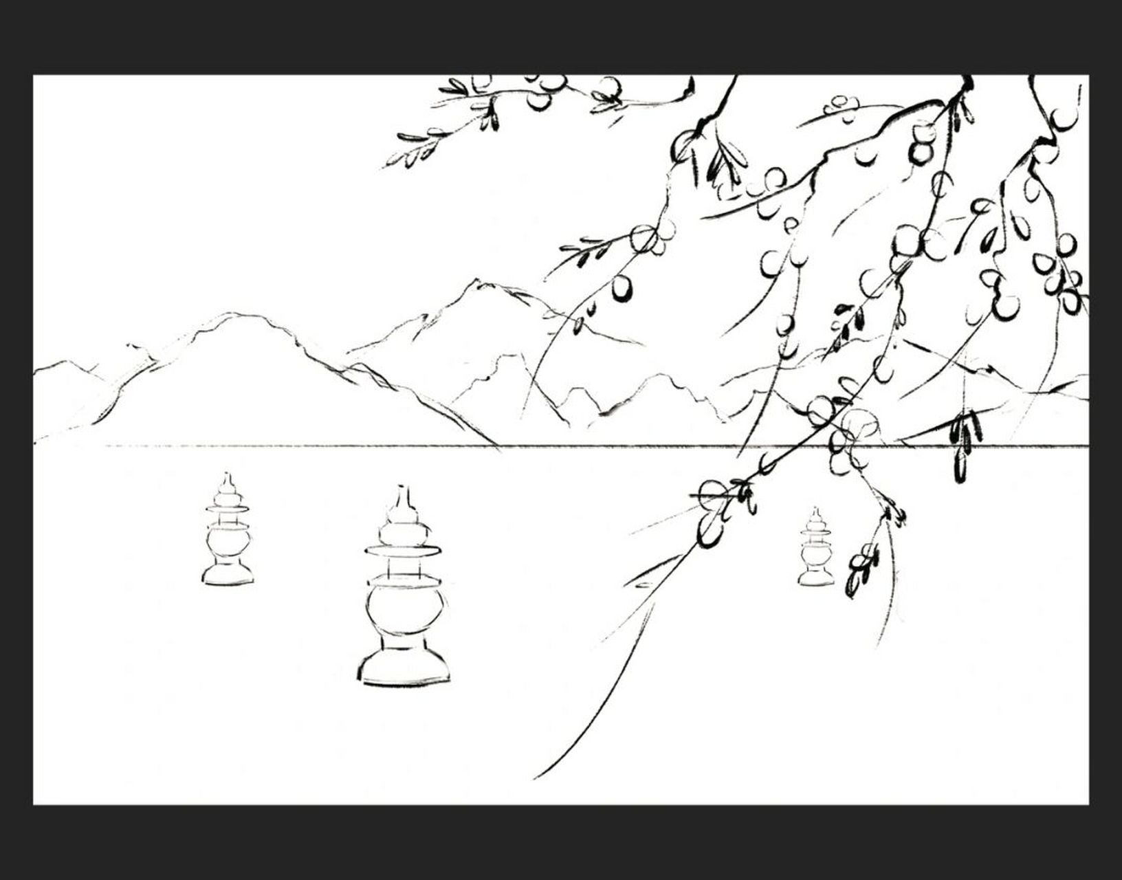 古风插画,西湖三潭印月 第一次尝试类似水彩质感的,感觉还不错