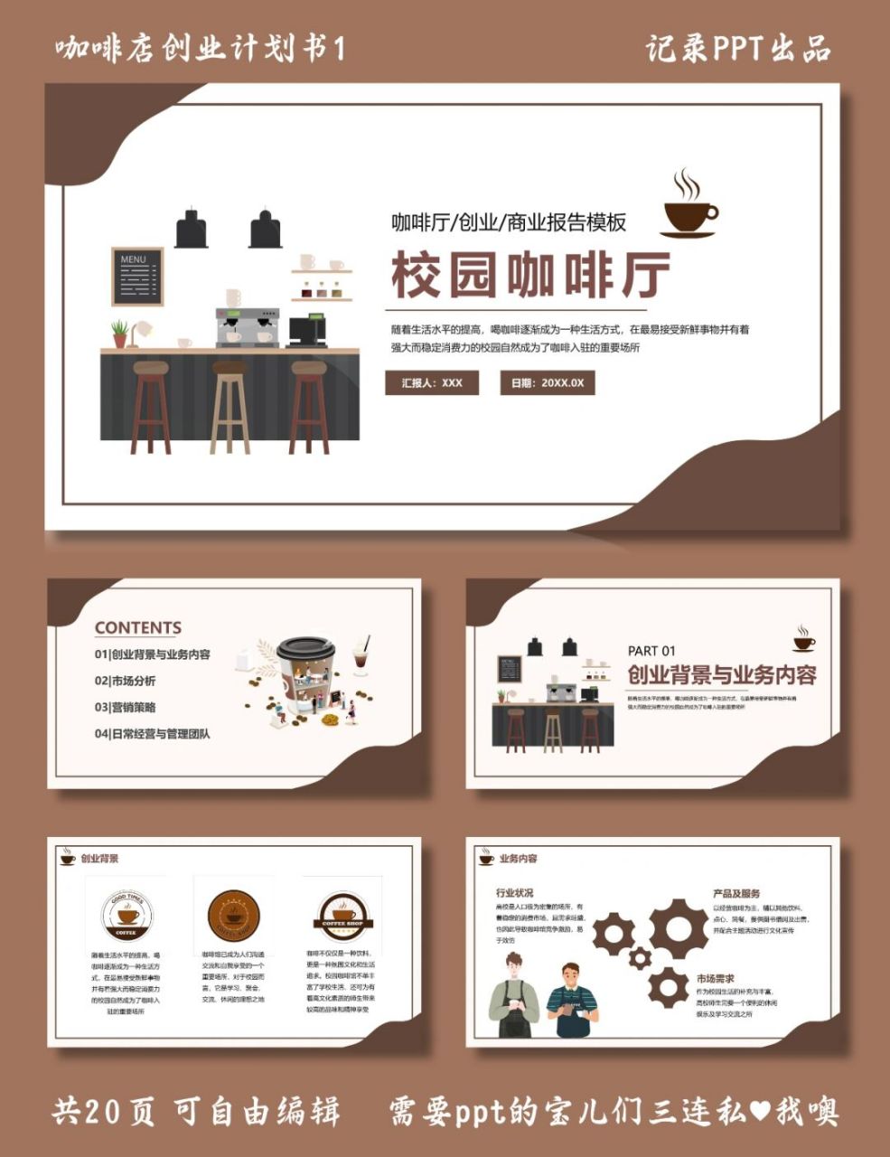 校园咖啡厅计划ppt 咖啡店创业计划书1 ppt模板 目录包括 ①创业背景