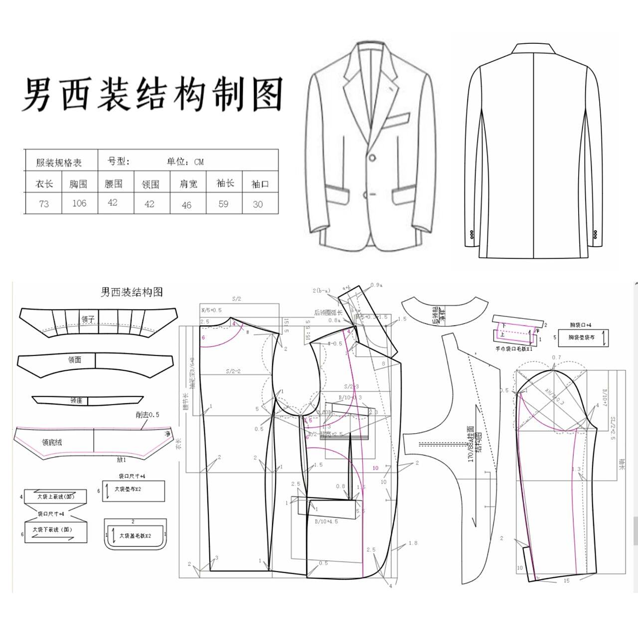 基础款三开身男西装制版 这是一款基础款的三开身男西装,前片两个嵌线