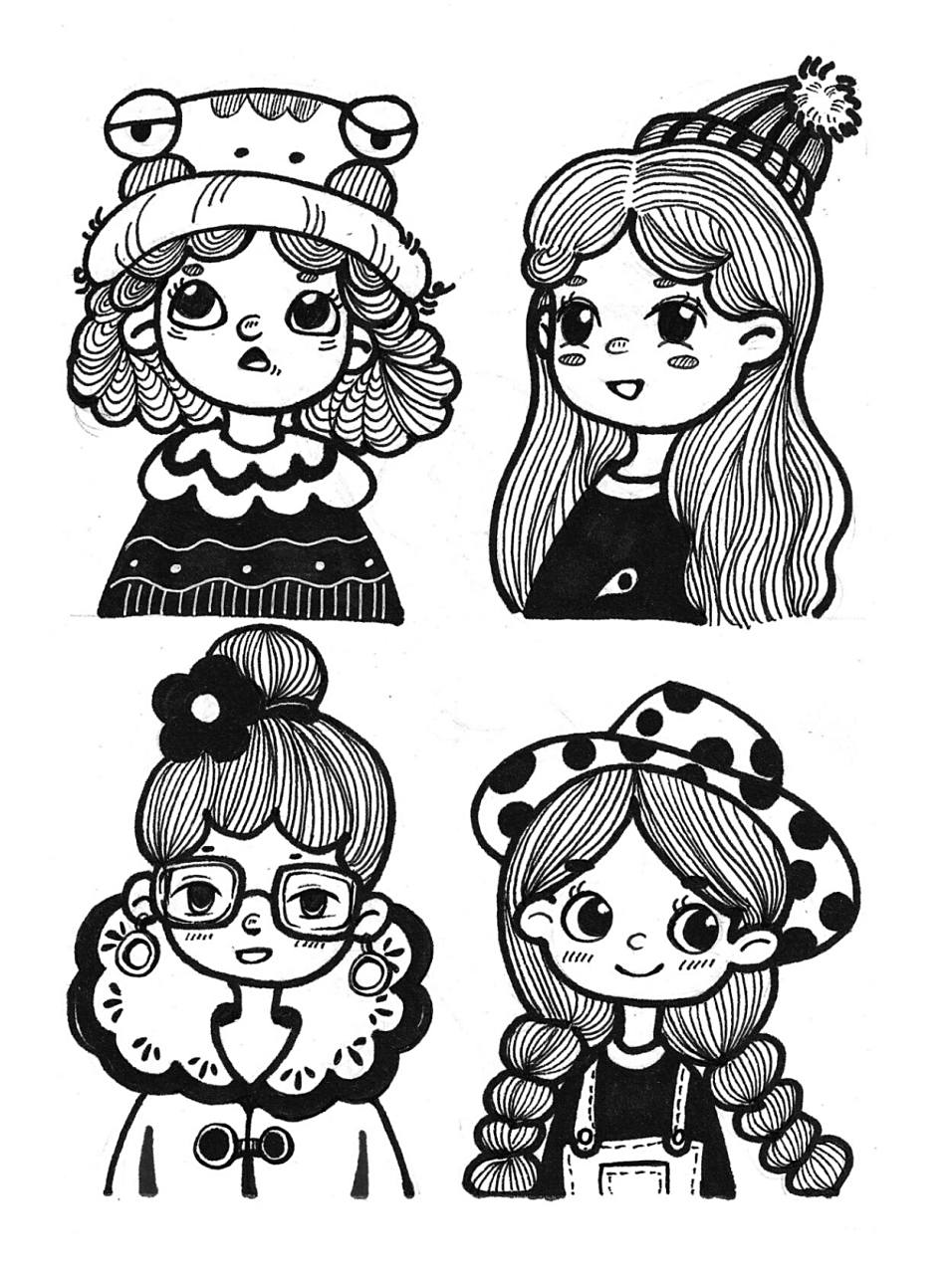 9-10岁创意美术手绘线描插画 卡通人像线描练习