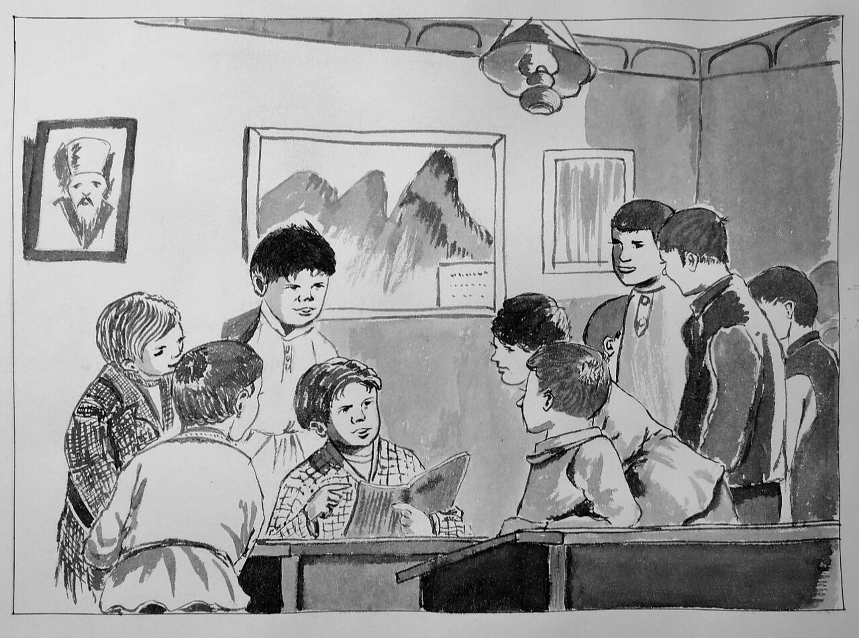 高尔基的童年小人书插画 71 同学们起初都嘲笑高尔基,可是他孜孜不倦